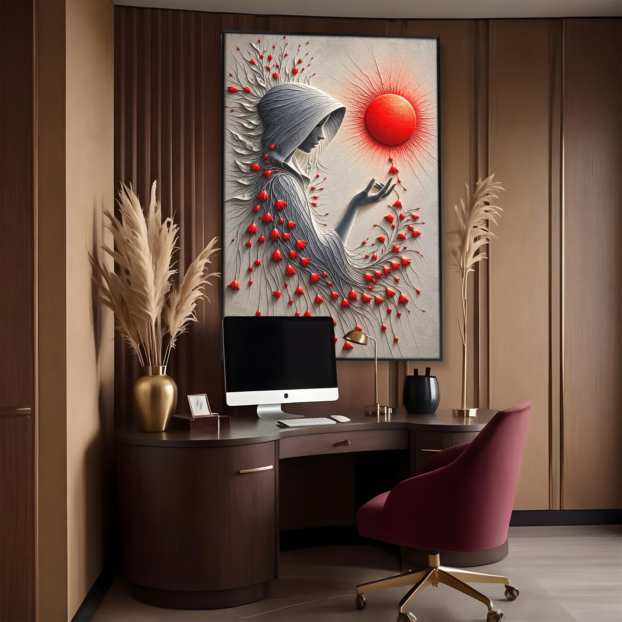 Tablou Canvas Premium LuxCanva® U1222, Misterul Florilor Rosii, Femeie, Flori, Soare, Mister, Living, Culori Vibrante