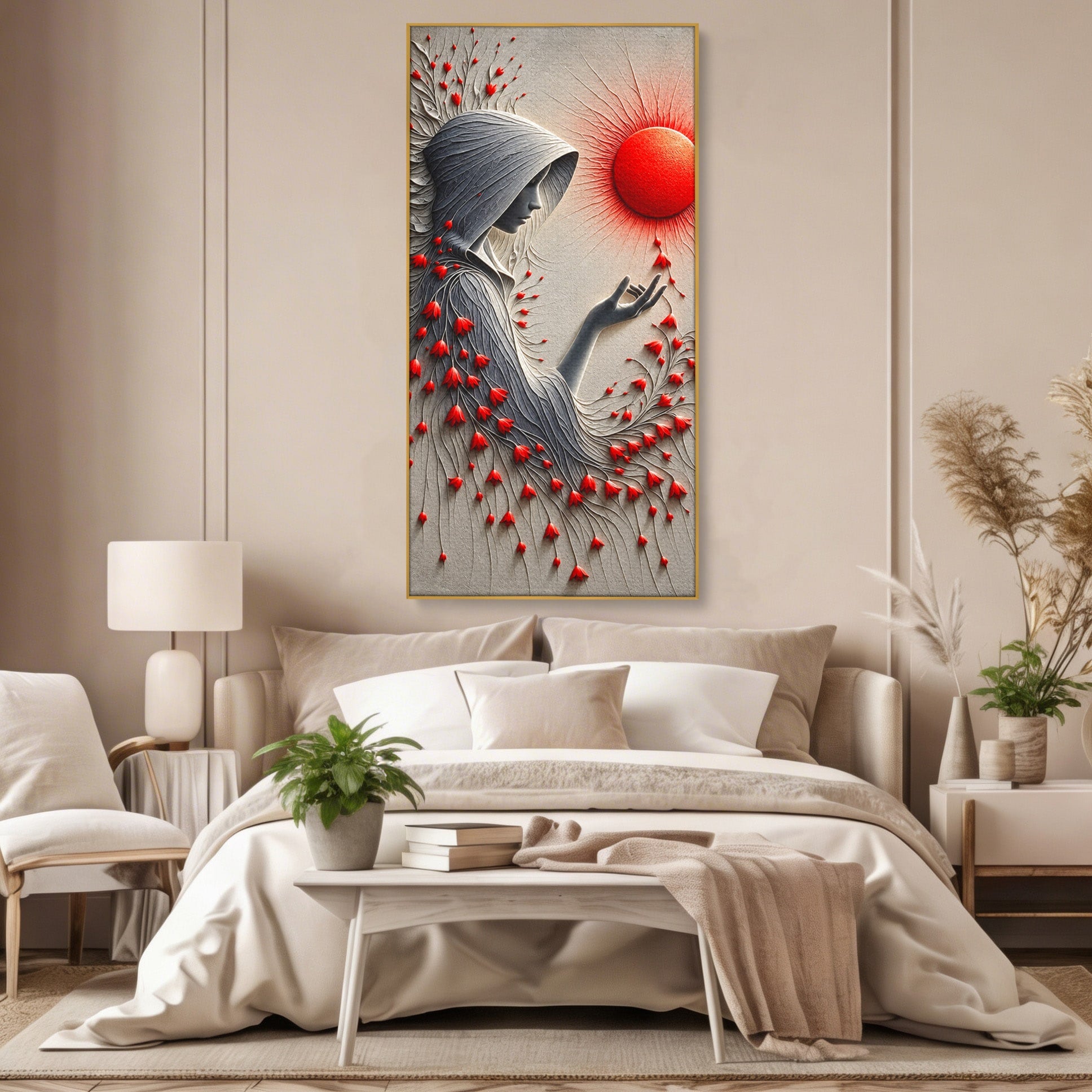 Tablou Canvas Premium LuxCanva® U1222, Misterul Florilor Rosii, Femeie, Flori, Soare, Mister, Living, Culori Vibrante