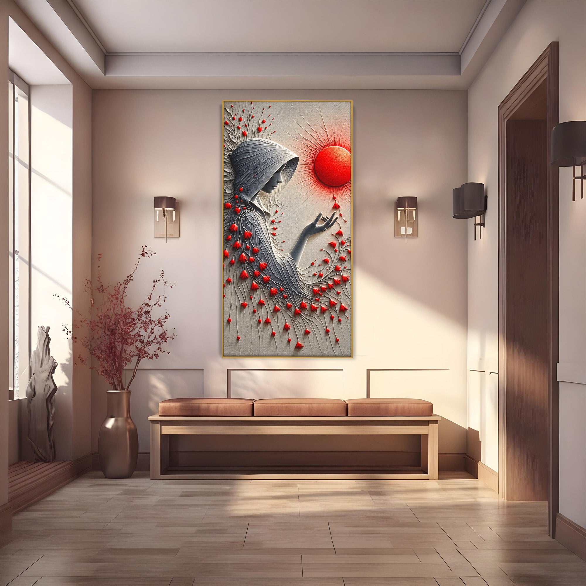 Tablou Canvas Premium LuxCanva® U1222, Misterul Florilor Rosii, Femeie, Flori, Soare, Mister, Living, Culori Vibrante