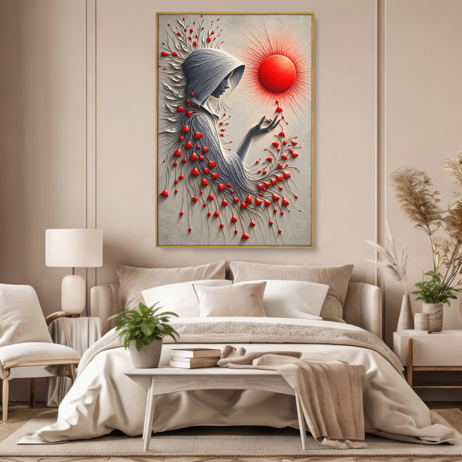 Tablou Canvas Premium LuxCanva® U1222, Misterul Florilor Rosii, Femeie, Flori, Soare, Mister, Living, Culori Vibrante