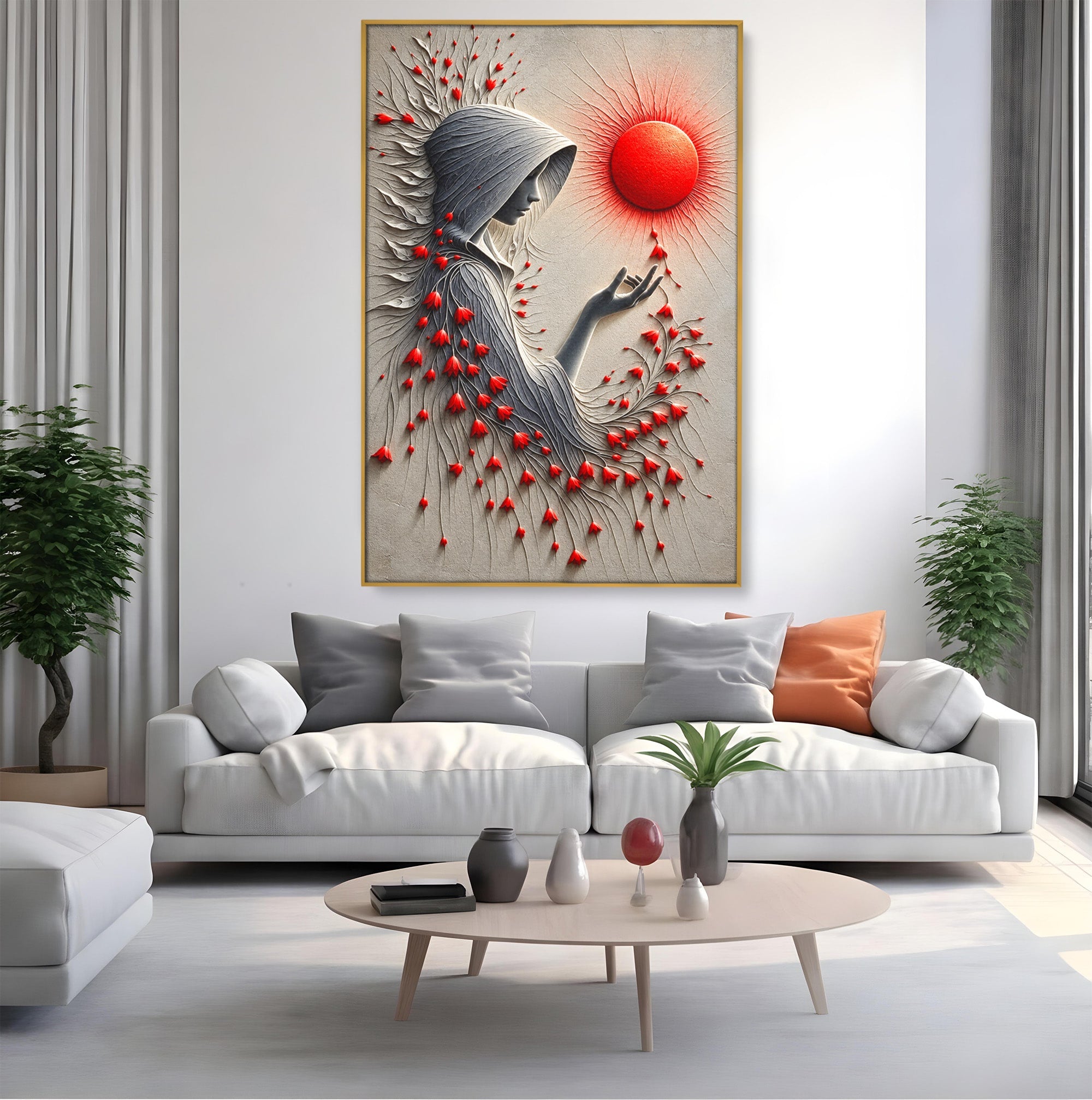 Tablou Canvas Premium LuxCanva® U1222, Misterul Florilor Rosii, Femeie, Flori, Soare, Mister, Living, Culori Vibrante