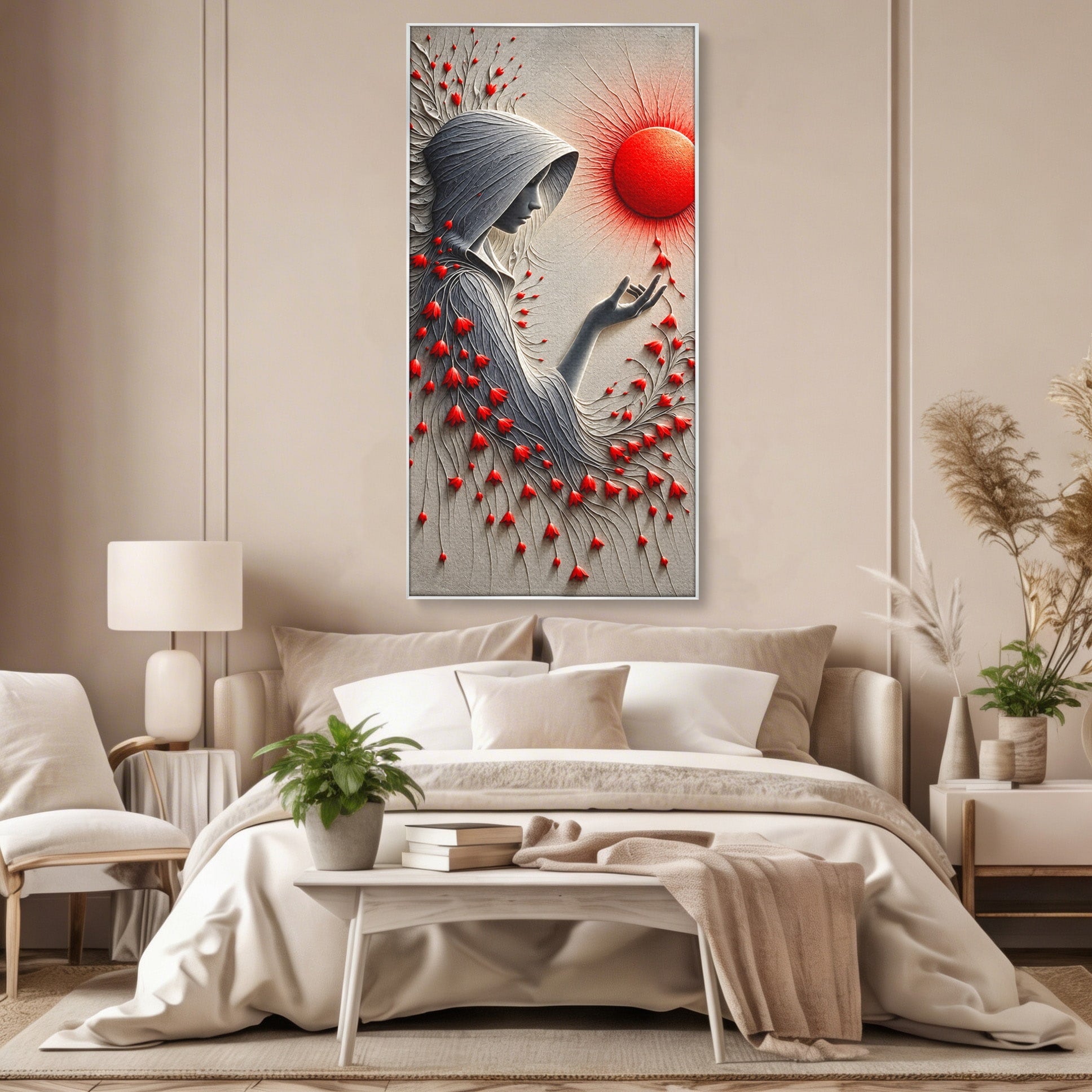 Tablou Canvas Premium LuxCanva® U1222, Misterul Florilor Rosii, Femeie, Flori, Soare, Mister, Living, Culori Vibrante