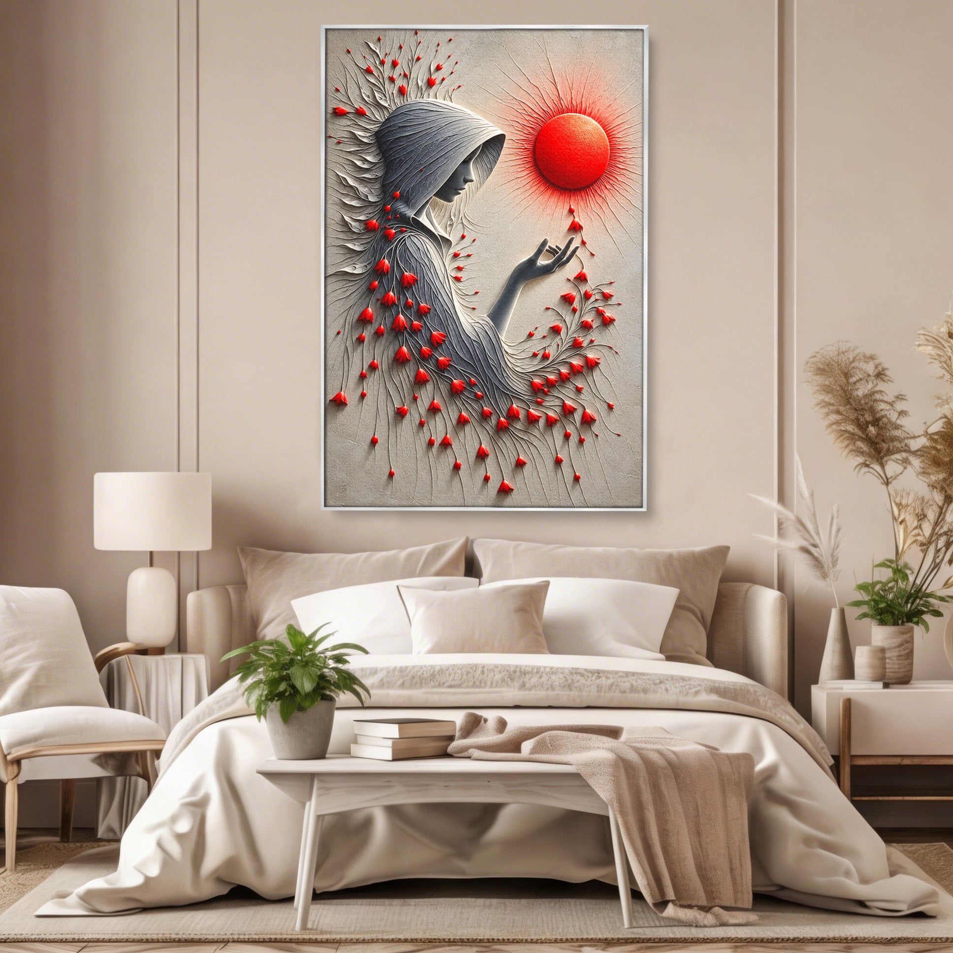 Tablou Canvas Premium LuxCanva® U1222, Misterul Florilor Rosii, Femeie, Flori, Soare, Mister, Living, Culori Vibrante