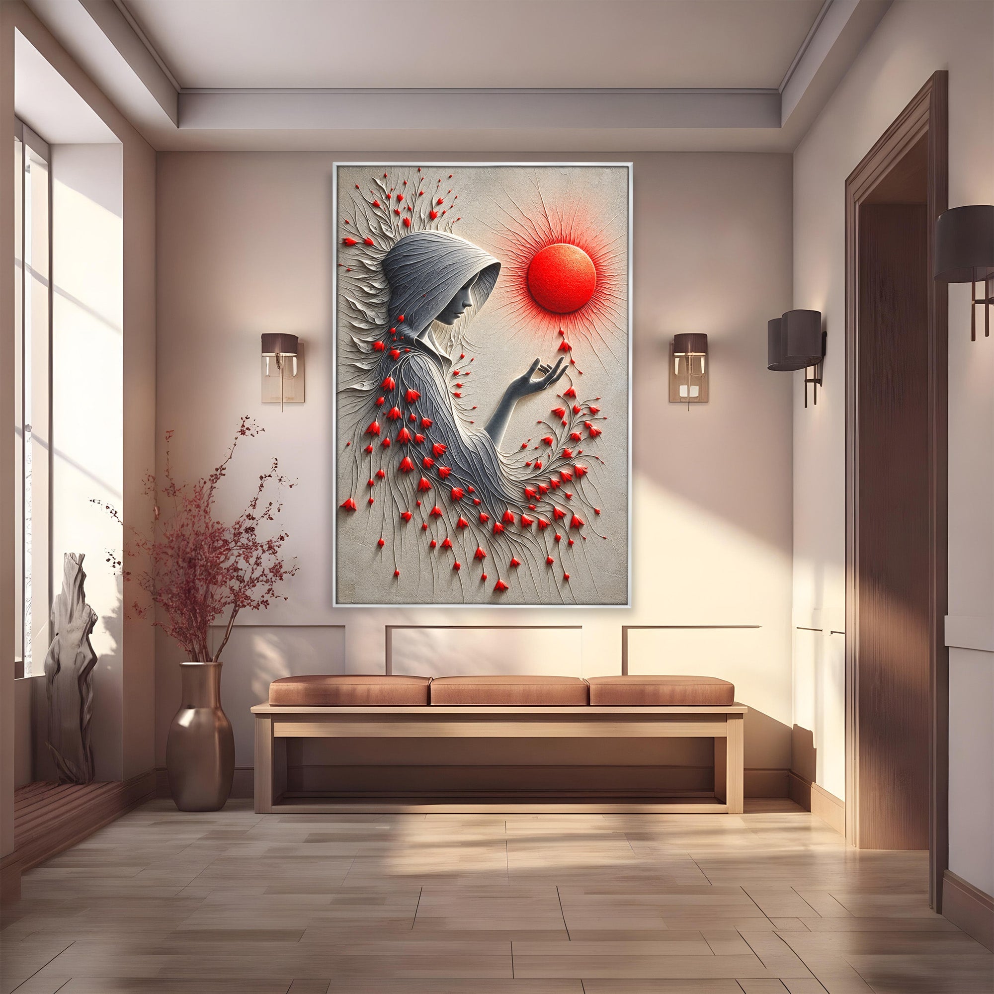 Tablou Canvas Premium LuxCanva® U1222, Misterul Florilor Rosii, Femeie, Flori, Soare, Mister, Living, Culori Vibrante