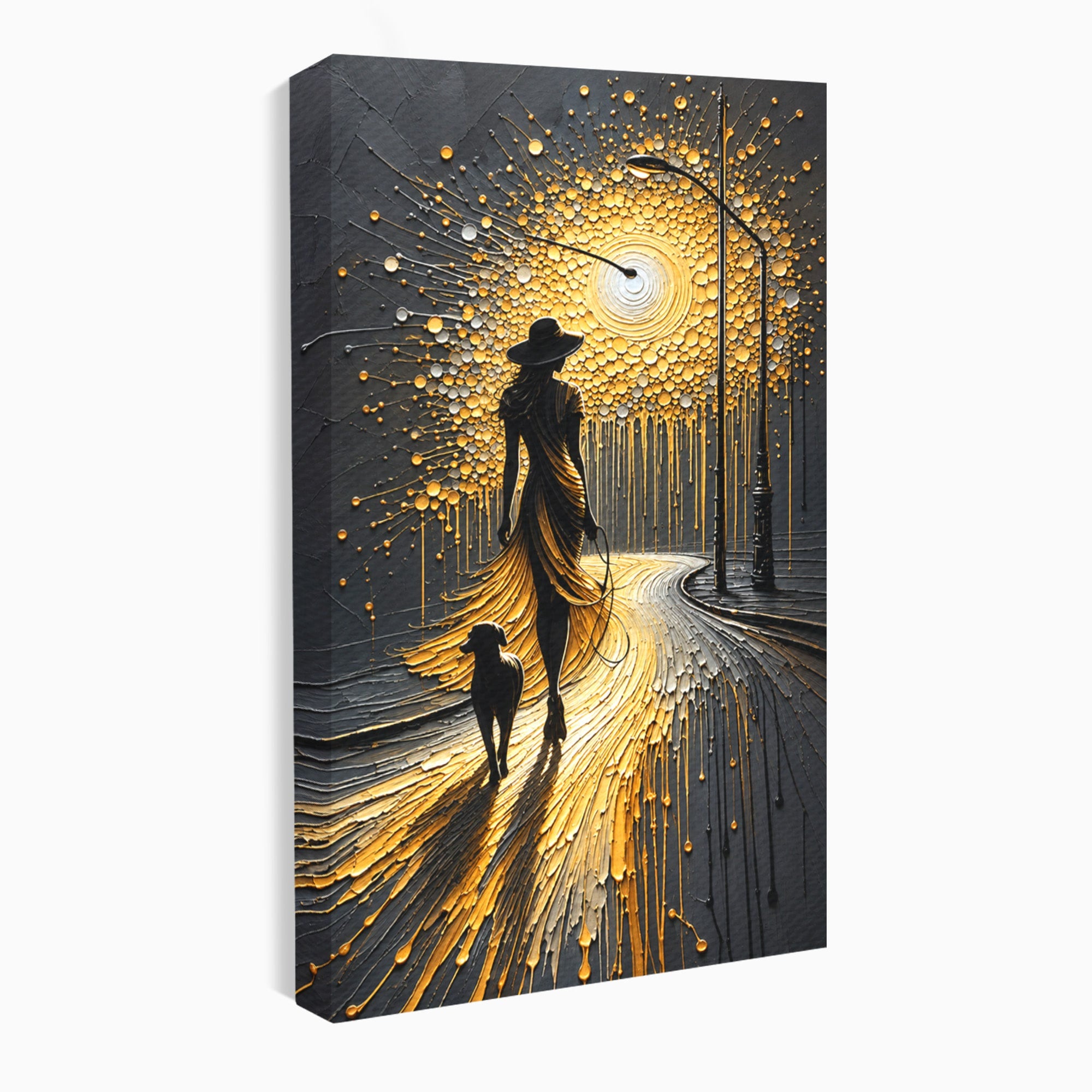Tablou Canvas Premium LuxCanva® U1223, Plimbare Nocturna, Femeie, Caine, Noapte, Aventura, Strada, Living, Dormitor, Culori Vibrante