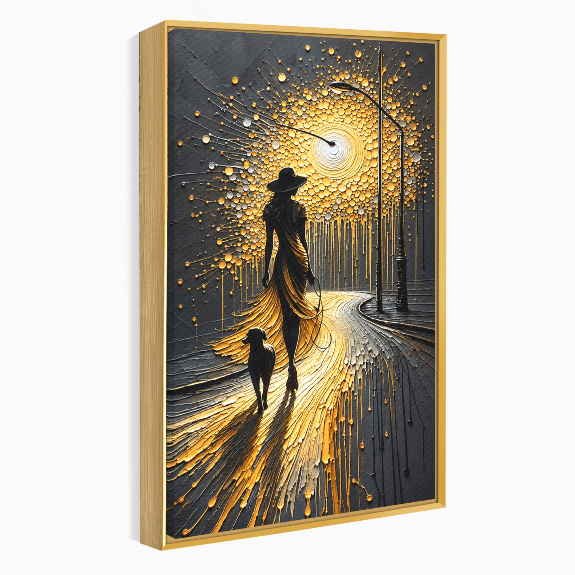 Tablou Canvas Premium LuxCanva® U1223, Plimbare Nocturna, Femeie, Caine, Noapte, Aventura, Strada, Living, Dormitor, Culori Vibrante