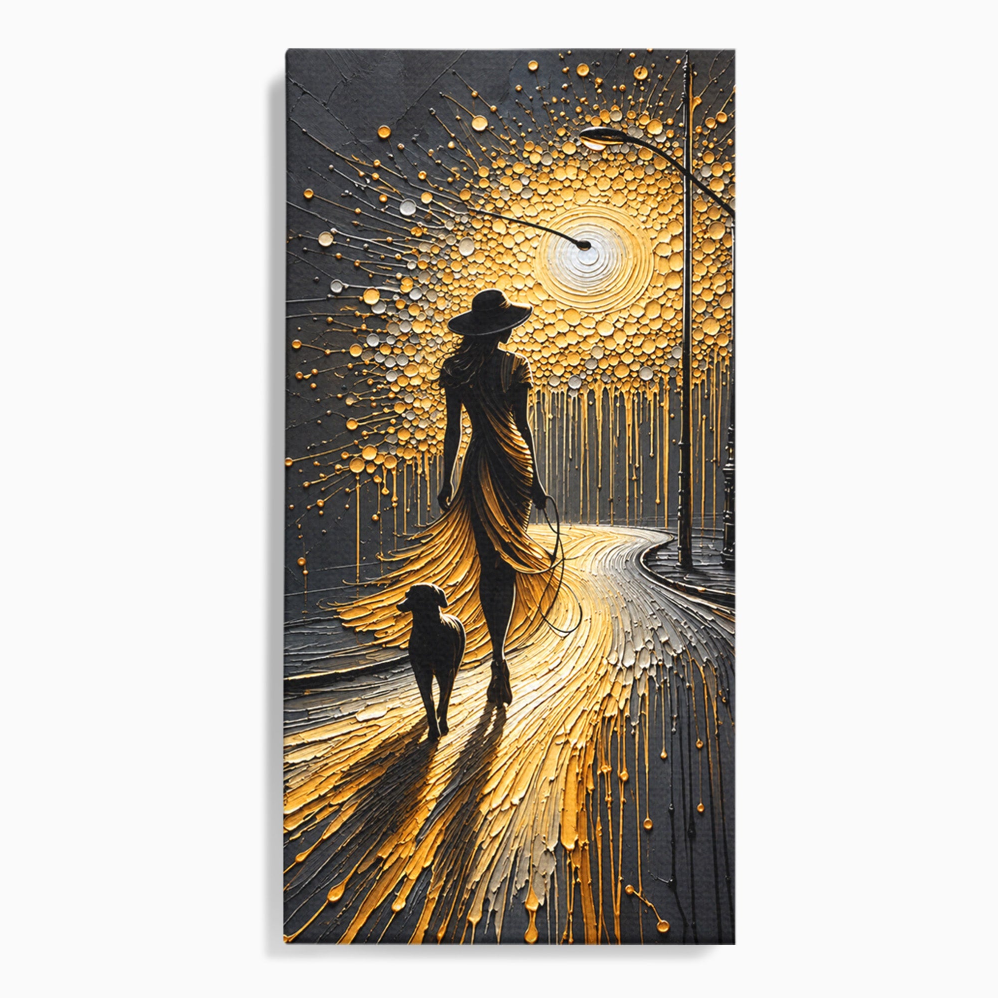 Tablou Canvas Premium LuxCanva® U1223, Plimbare Nocturna, Femeie, Caine, Noapte, Aventura, Strada, Living, Dormitor, Culori Vibrante