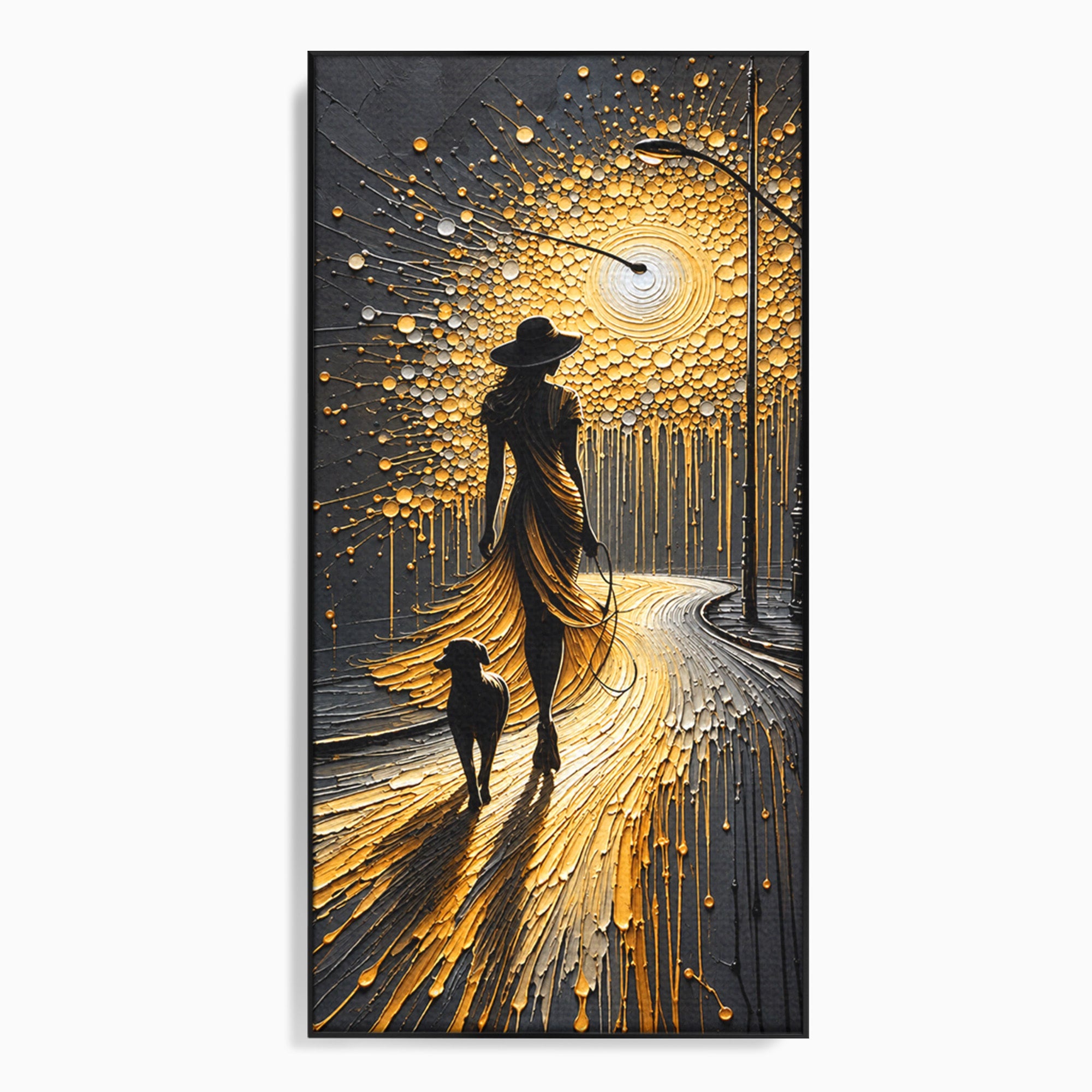 Tablou Canvas Premium LuxCanva® U1223, Plimbare Nocturna, Femeie, Caine, Noapte, Aventura, Strada, Living, Dormitor, Culori Vibrante