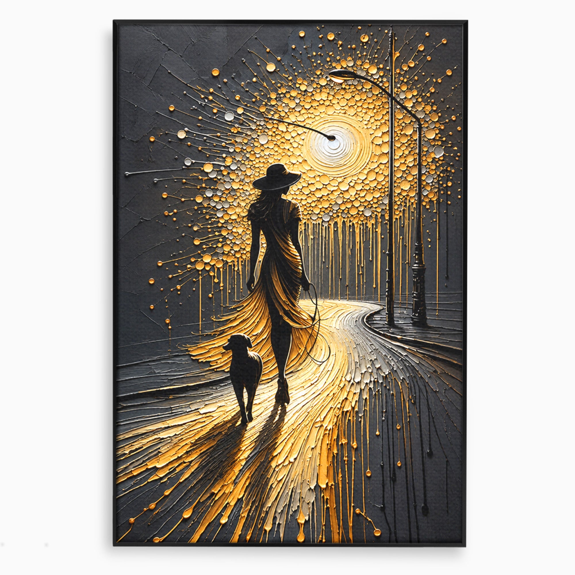 Tablou Canvas Premium LuxCanva® U1223, Plimbare Nocturna, Femeie, Caine, Noapte, Aventura, Strada, Living, Dormitor, Culori Vibrante