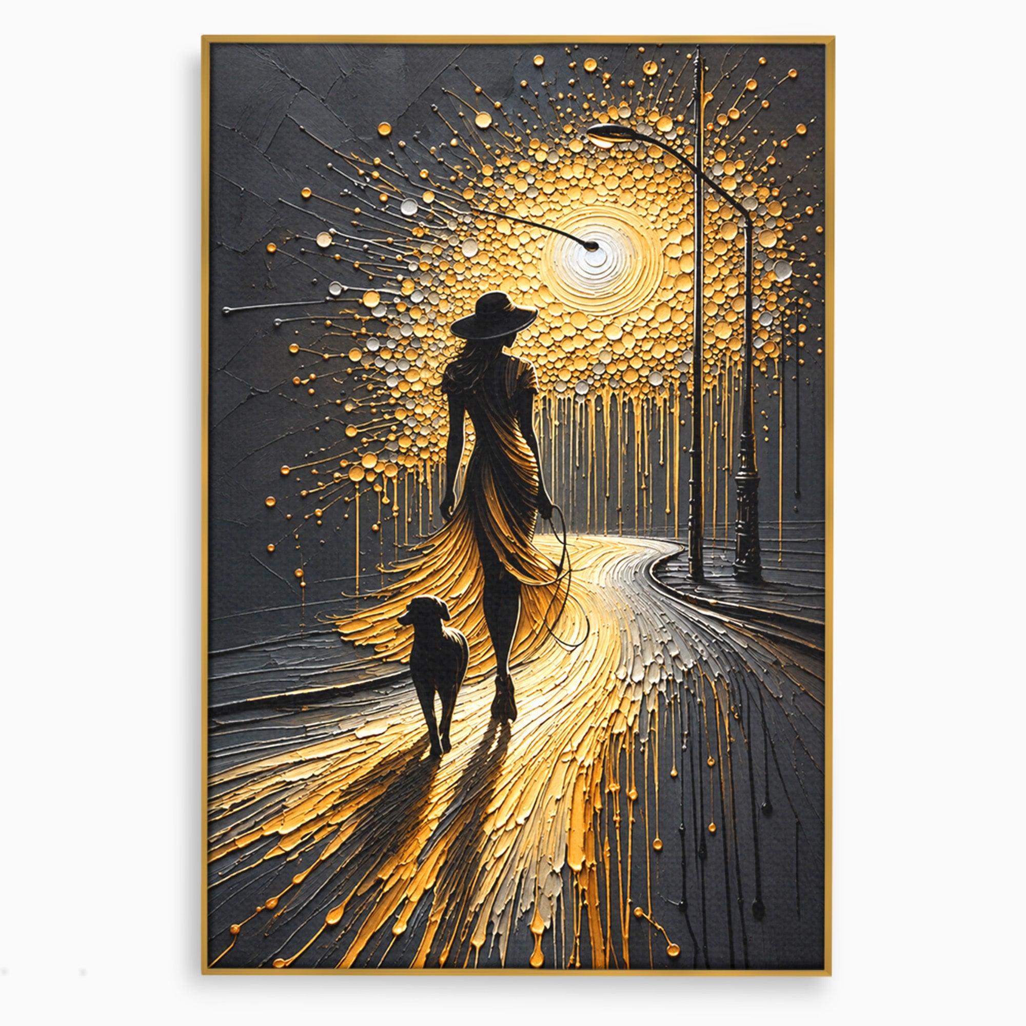 Tablou Canvas Premium LuxCanva® U1223, Plimbare Nocturna, Femeie, Caine, Noapte, Aventura, Strada, Living, Dormitor, Culori Vibrante