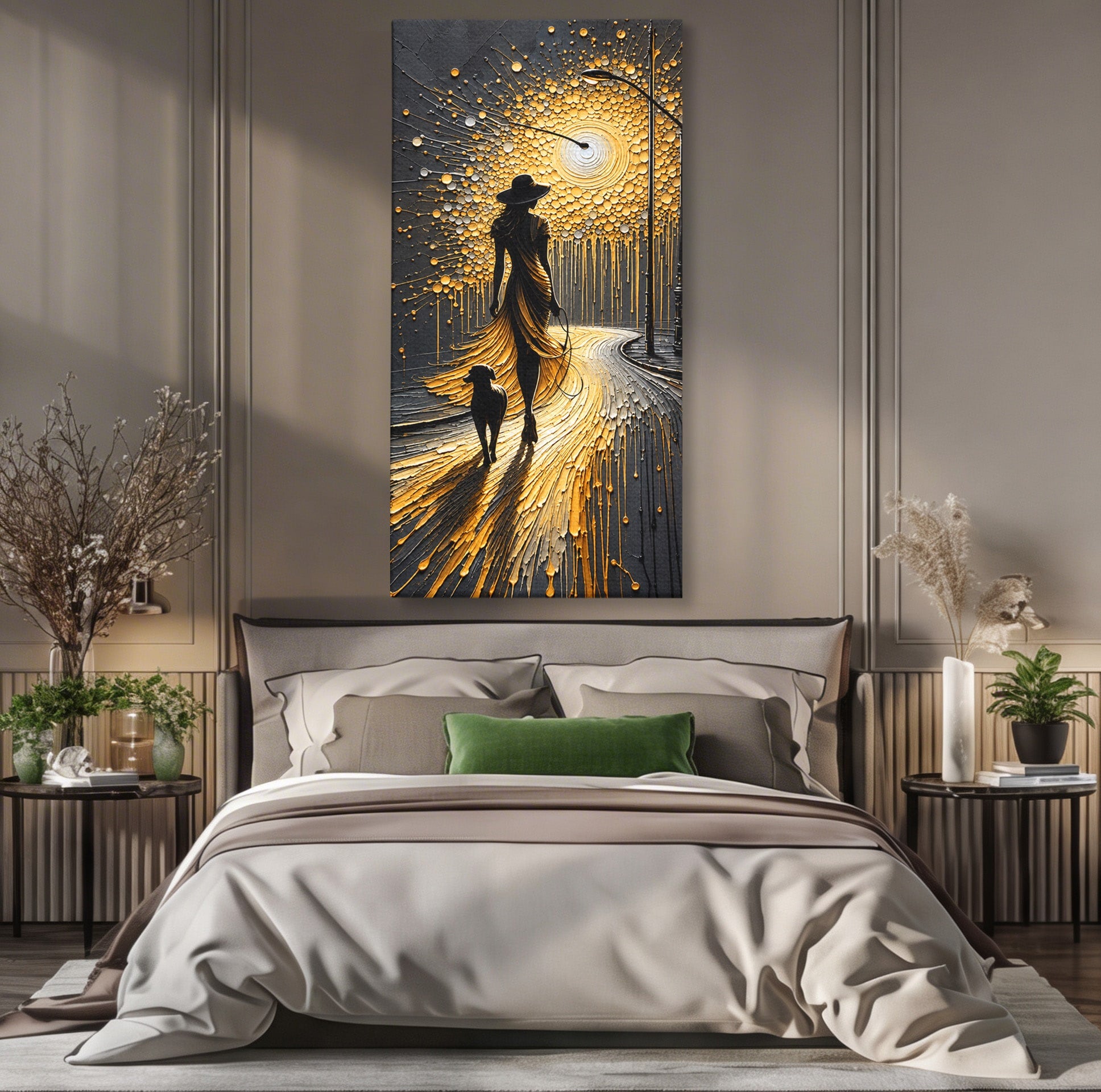 Tablou Canvas Premium LuxCanva® U1223, Plimbare Nocturna, Femeie, Caine, Noapte, Aventura, Strada, Living, Dormitor, Culori Vibrante