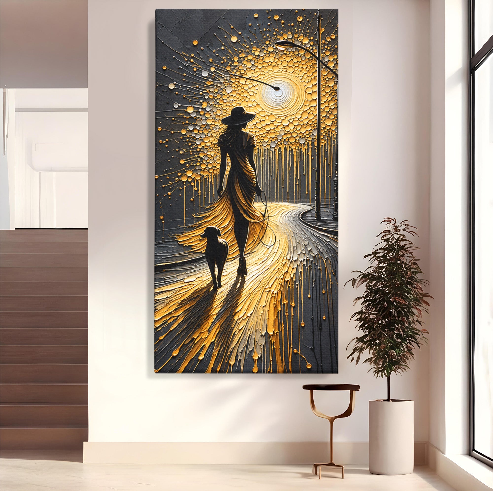 Tablou Canvas Premium LuxCanva® U1223, Plimbare Nocturna, Femeie, Caine, Noapte, Aventura, Strada, Living, Dormitor, Culori Vibrante