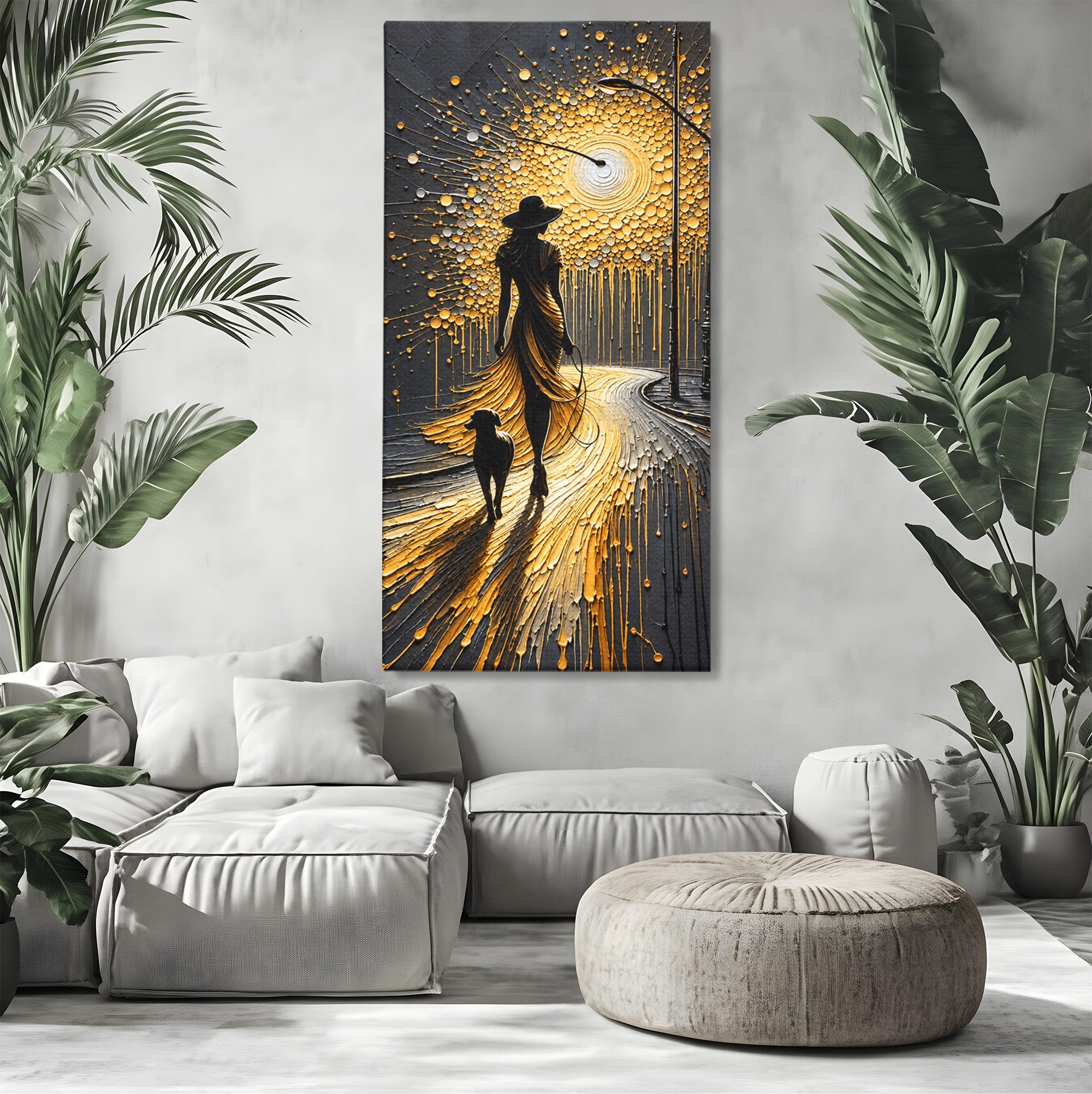 Tablou Canvas Premium LuxCanva® U1223, Plimbare Nocturna, Femeie, Caine, Noapte, Aventura, Strada, Living, Dormitor, Culori Vibrante