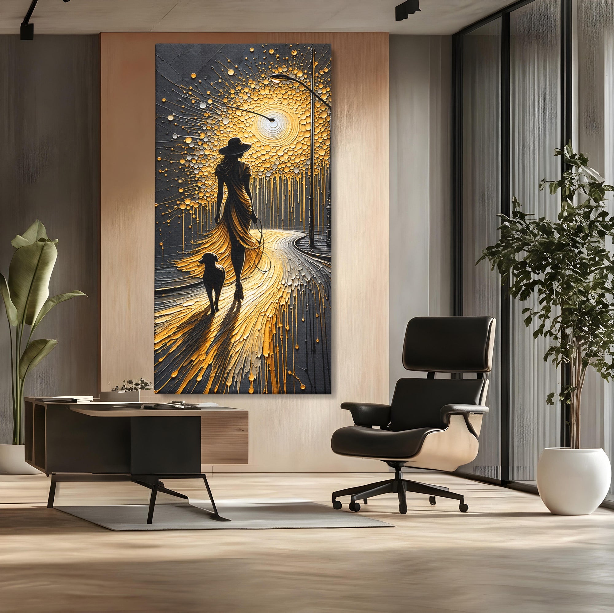 Tablou Canvas Premium LuxCanva® U1223, Plimbare Nocturna, Femeie, Caine, Noapte, Aventura, Strada, Living, Dormitor, Culori Vibrante
