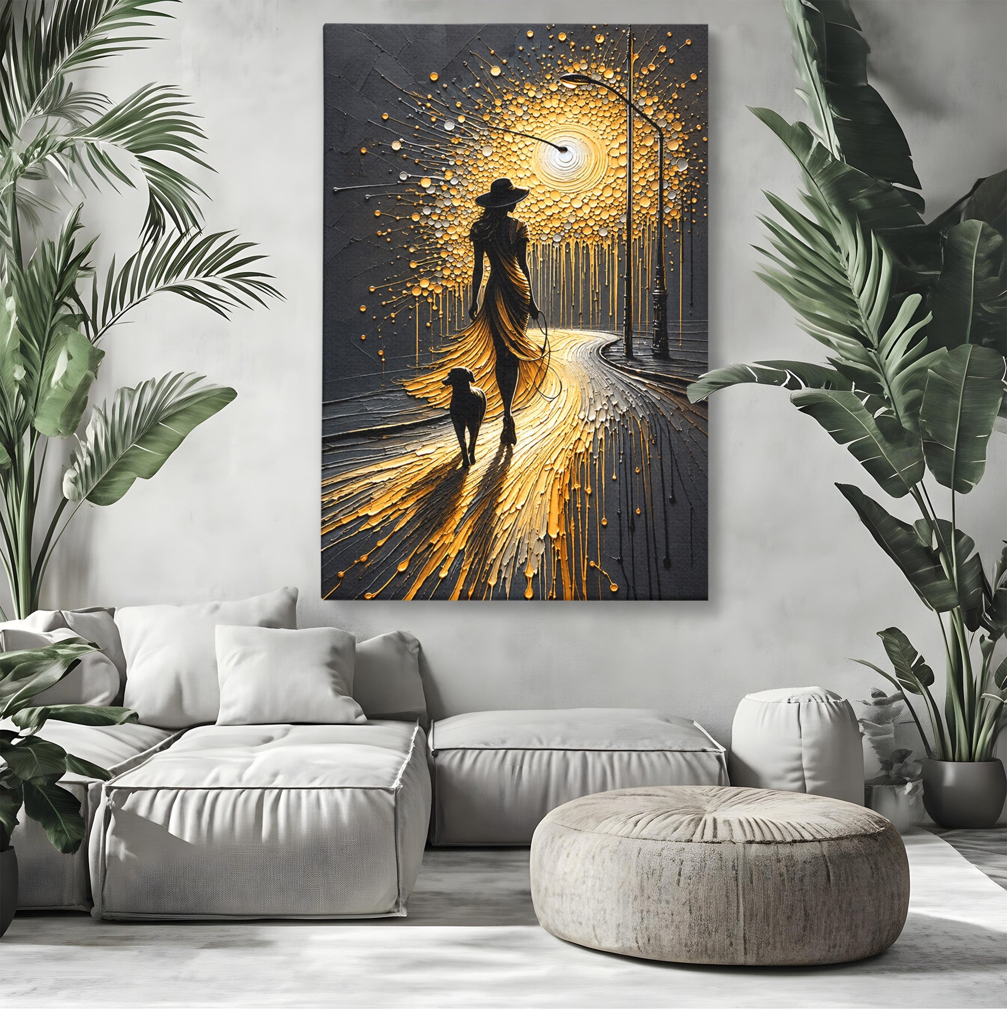 Tablou Canvas Premium LuxCanva® U1223, Plimbare Nocturna, Femeie, Caine, Noapte, Aventura, Strada, Living, Dormitor, Culori Vibrante