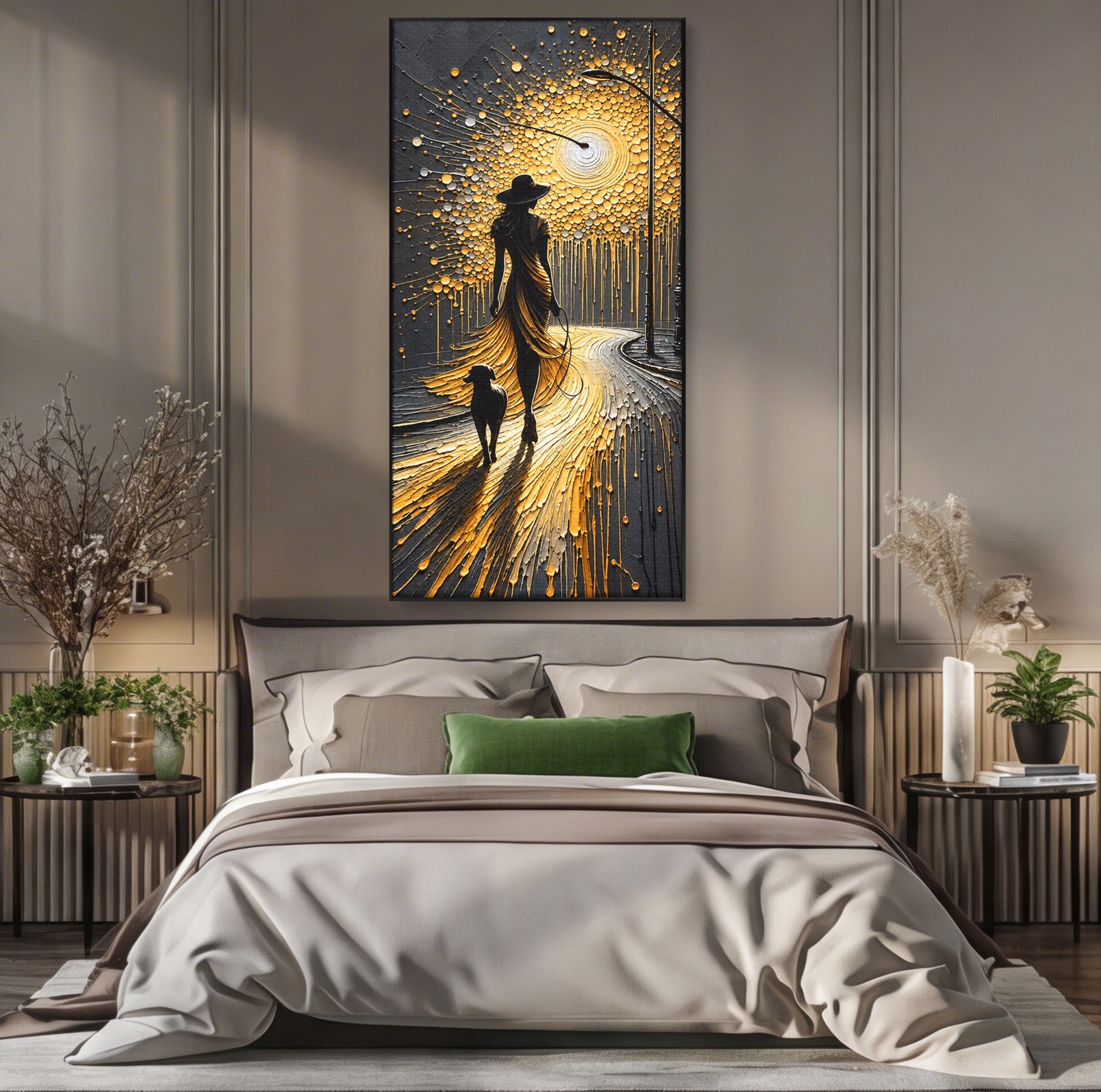 Tablou Canvas Premium LuxCanva® U1223, Plimbare Nocturna, Femeie, Caine, Noapte, Aventura, Strada, Living, Dormitor, Culori Vibrante