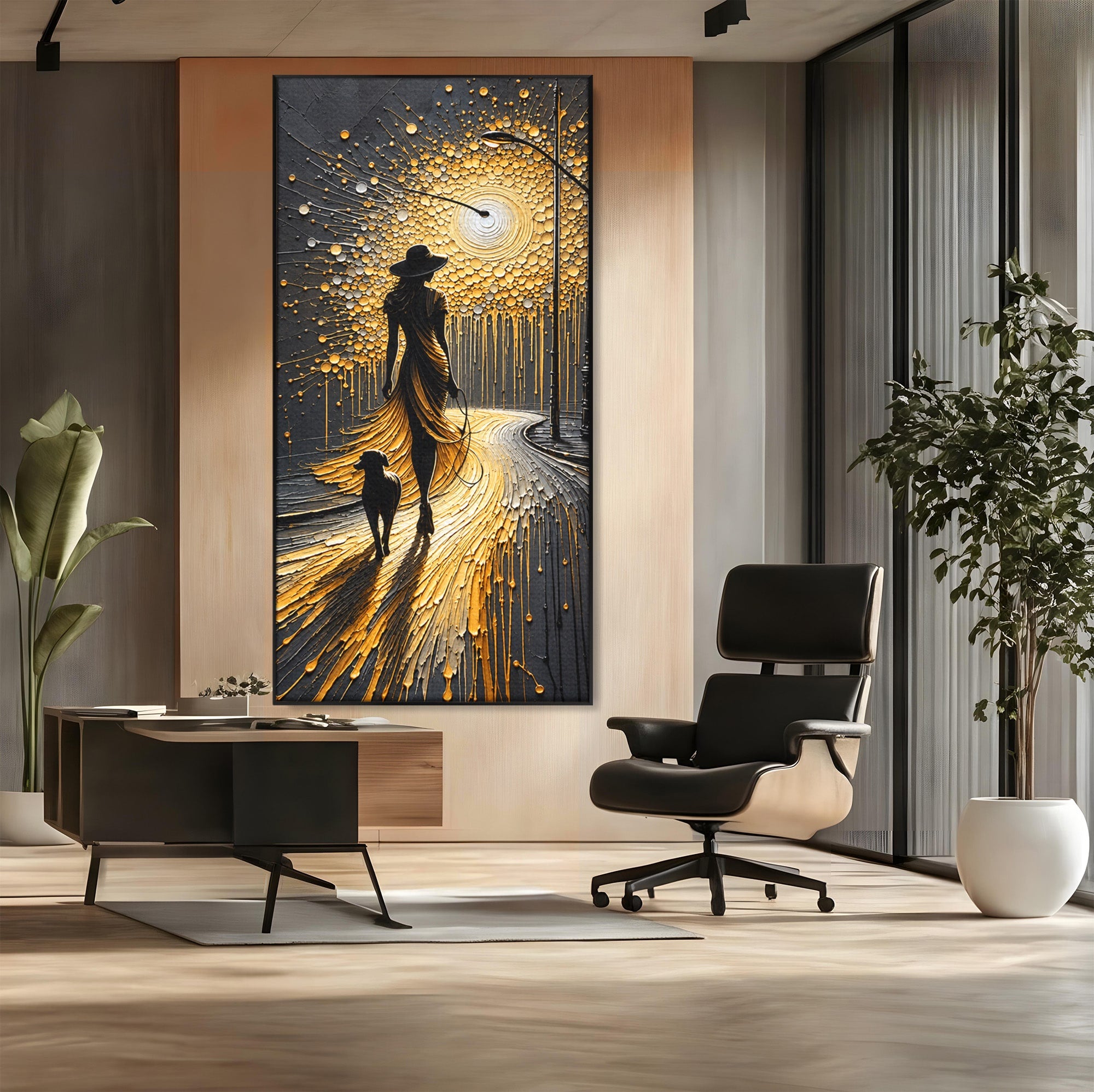 Tablou Canvas Premium LuxCanva® U1223, Plimbare Nocturna, Femeie, Caine, Noapte, Aventura, Strada, Living, Dormitor, Culori Vibrante