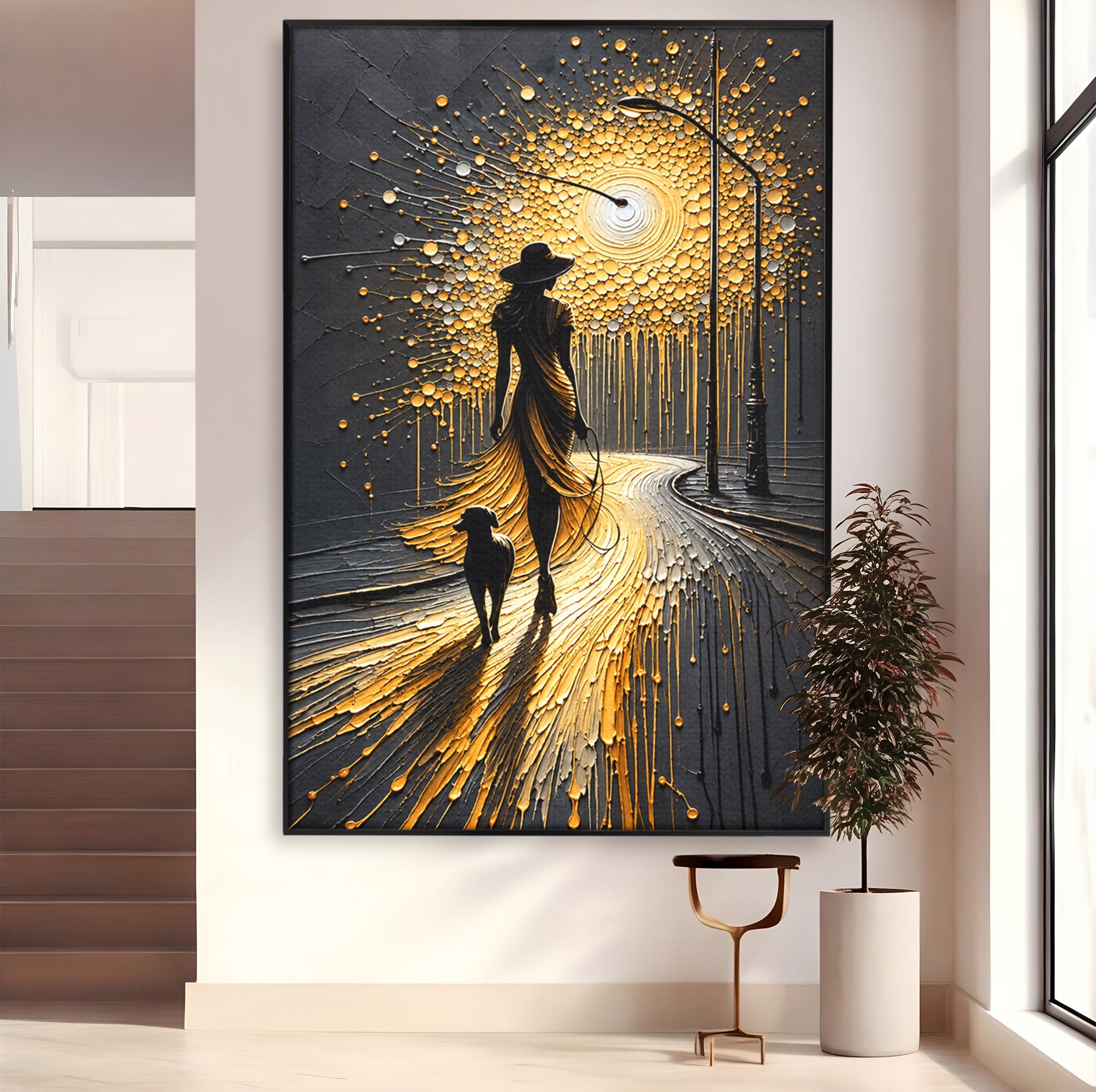 Tablou Canvas Premium LuxCanva® U1223, Plimbare Nocturna, Femeie, Caine, Noapte, Aventura, Strada, Living, Dormitor, Culori Vibrante