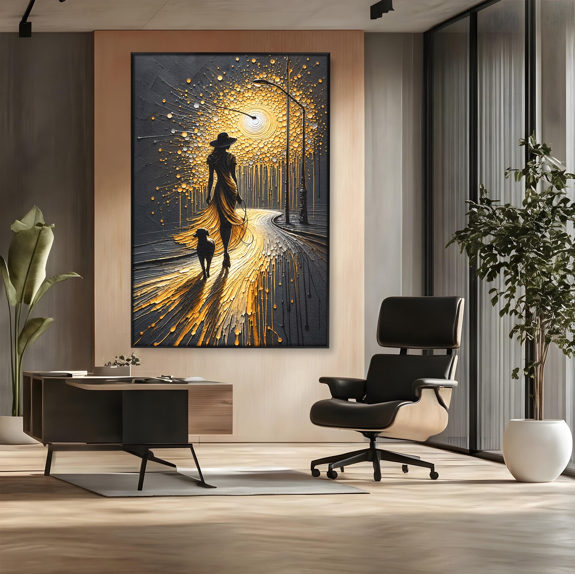 Tablou Canvas Premium LuxCanva® U1223, Plimbare Nocturna, Femeie, Caine, Noapte, Aventura, Strada, Living, Dormitor, Culori Vibrante