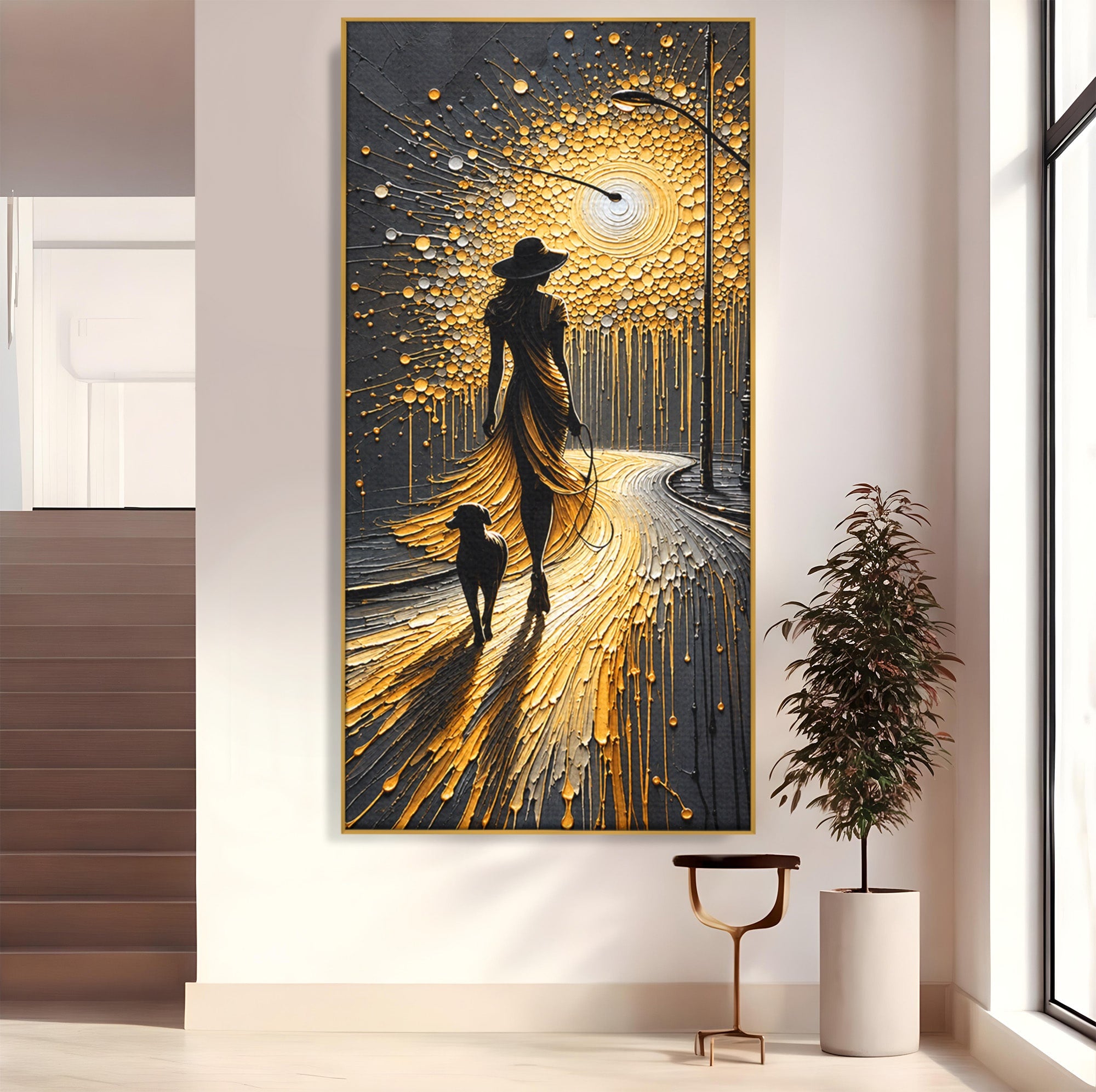 Tablou Canvas Premium LuxCanva® U1223, Plimbare Nocturna, Femeie, Caine, Noapte, Aventura, Strada, Living, Dormitor, Culori Vibrante