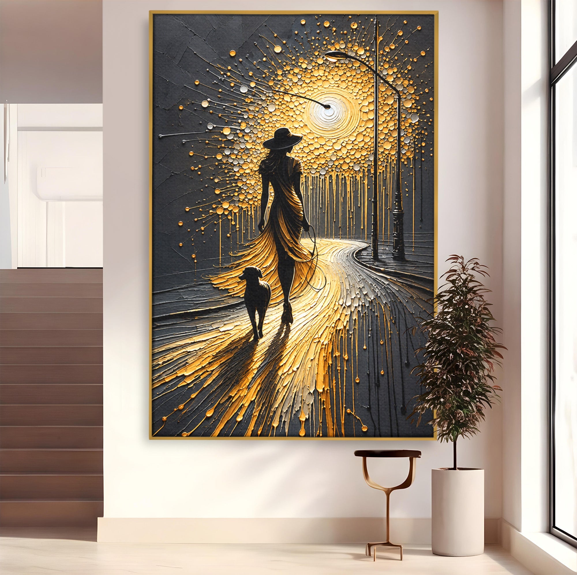 Tablou Canvas Premium LuxCanva® U1223, Plimbare Nocturna, Femeie, Caine, Noapte, Aventura, Strada, Living, Dormitor, Culori Vibrante