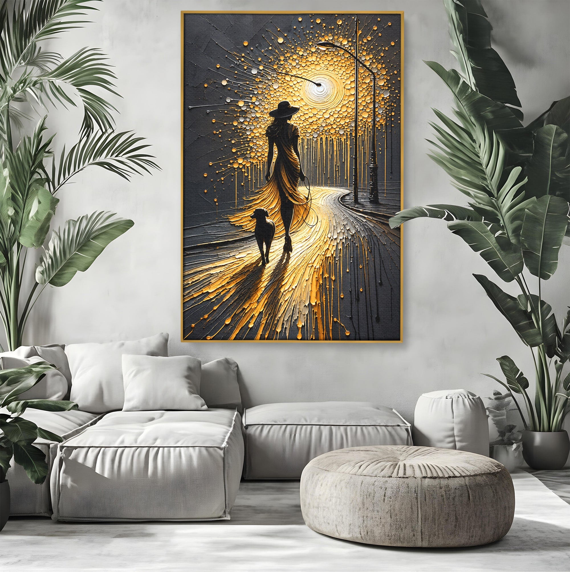 Tablou Canvas Premium LuxCanva® U1223, Plimbare Nocturna, Femeie, Caine, Noapte, Aventura, Strada, Living, Dormitor, Culori Vibrante