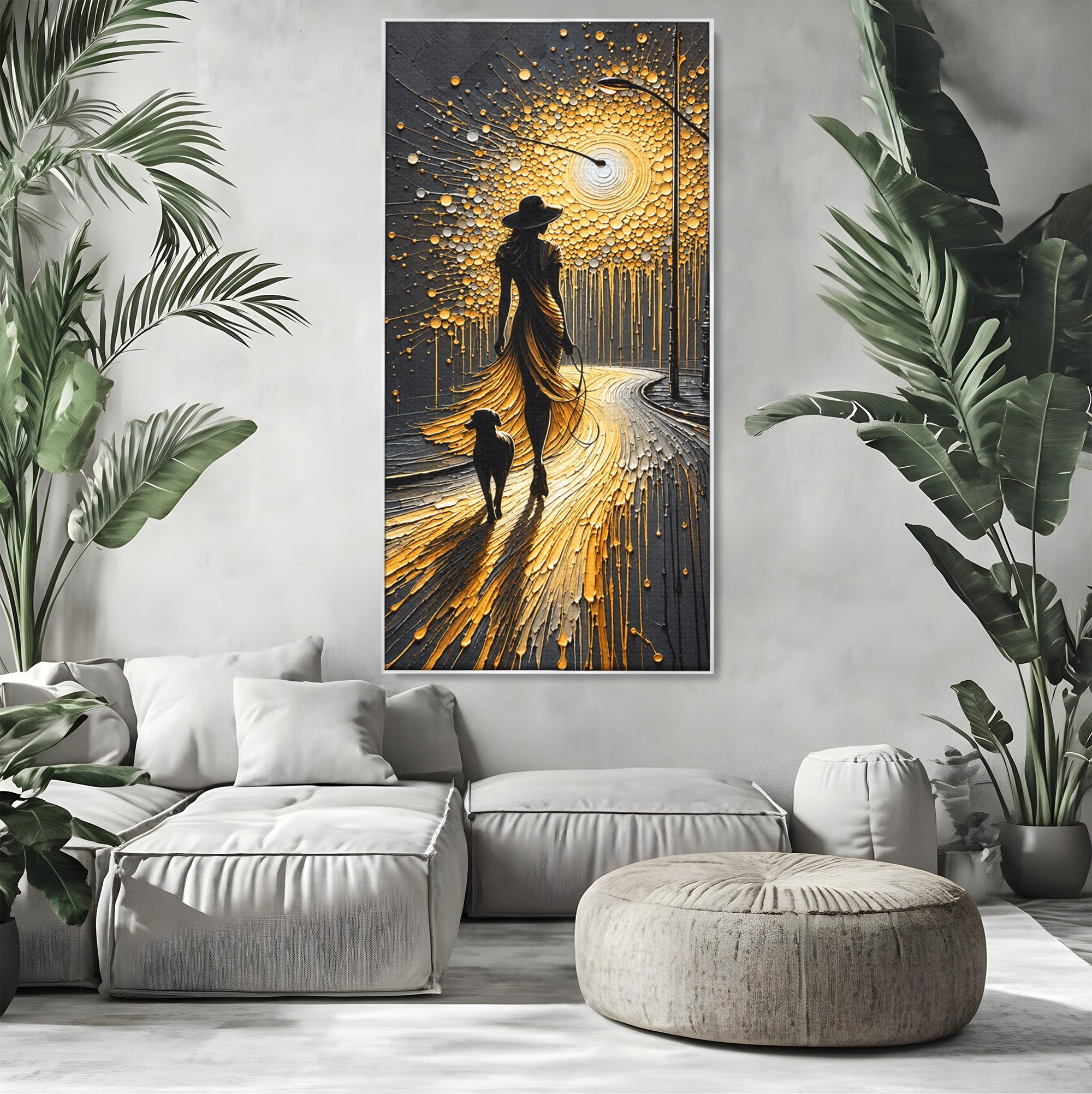 Tablou Canvas Premium LuxCanva® U1223, Plimbare Nocturna, Femeie, Caine, Noapte, Aventura, Strada, Living, Dormitor, Culori Vibrante
