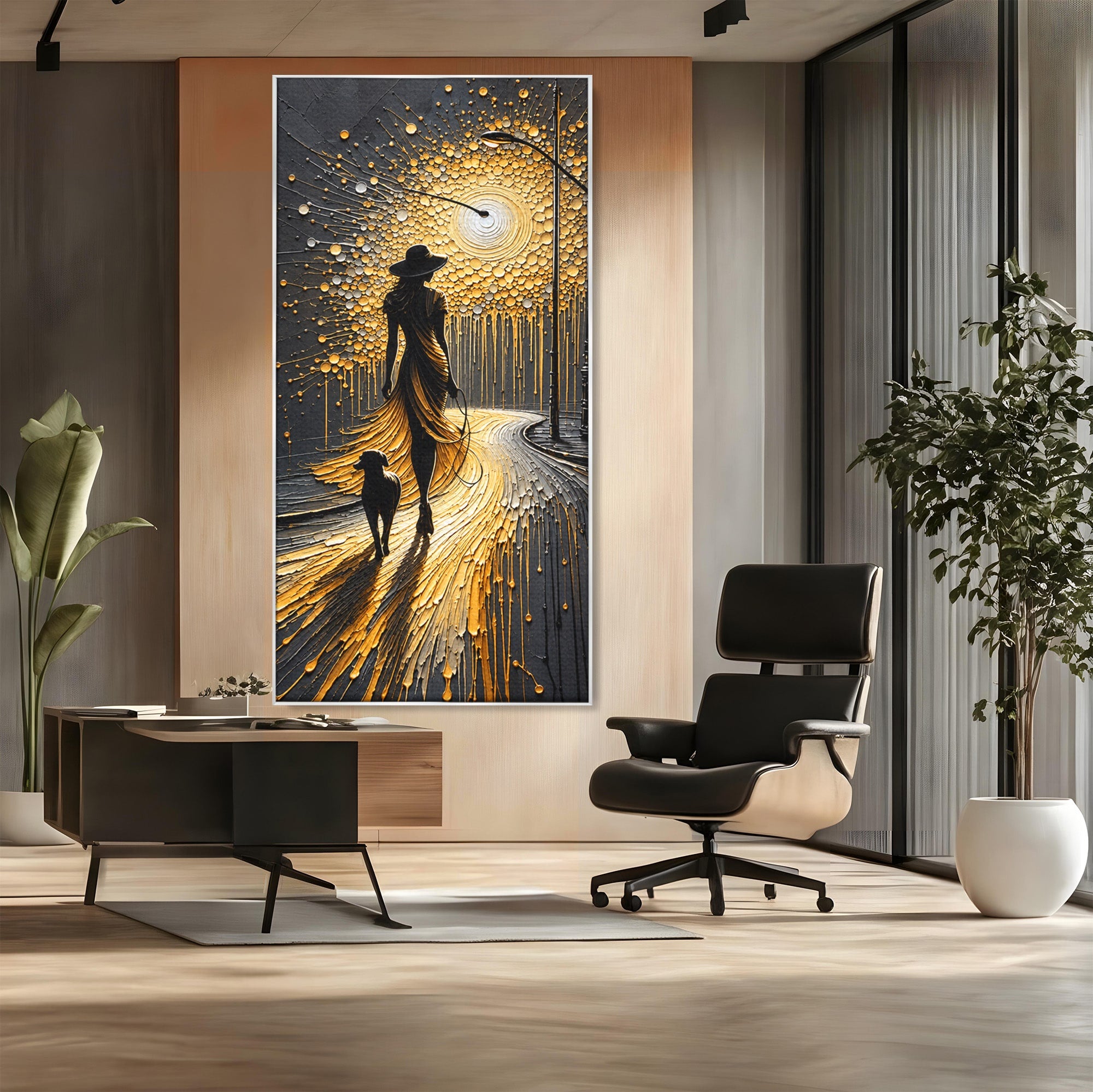 Tablou Canvas Premium LuxCanva® U1223, Plimbare Nocturna, Femeie, Caine, Noapte, Aventura, Strada, Living, Dormitor, Culori Vibrante