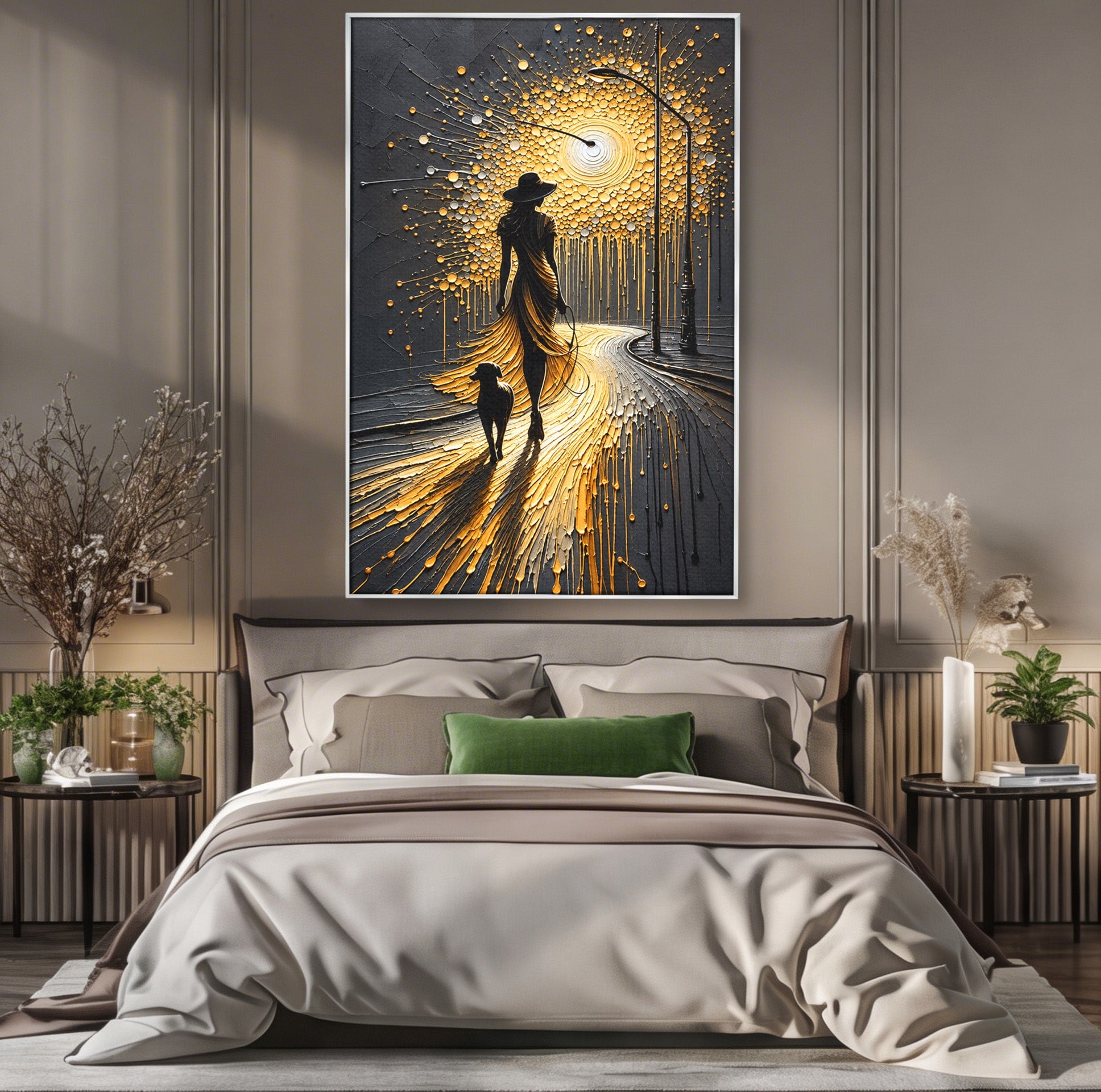 Tablou Canvas Premium LuxCanva® U1223, Plimbare Nocturna, Femeie, Caine, Noapte, Aventura, Strada, Living, Dormitor, Culori Vibrante