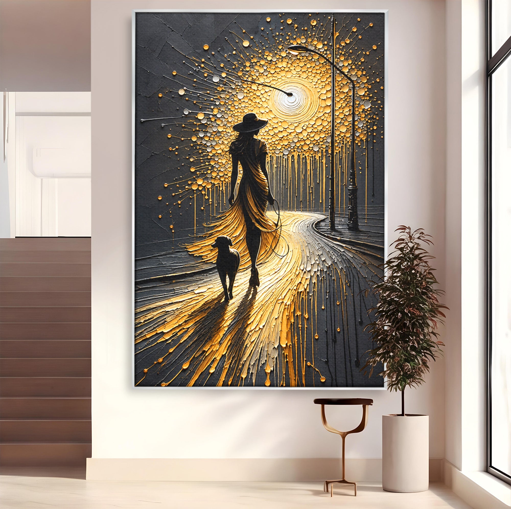 Tablou Canvas Premium LuxCanva® U1223, Plimbare Nocturna, Femeie, Caine, Noapte, Aventura, Strada, Living, Dormitor, Culori Vibrante
