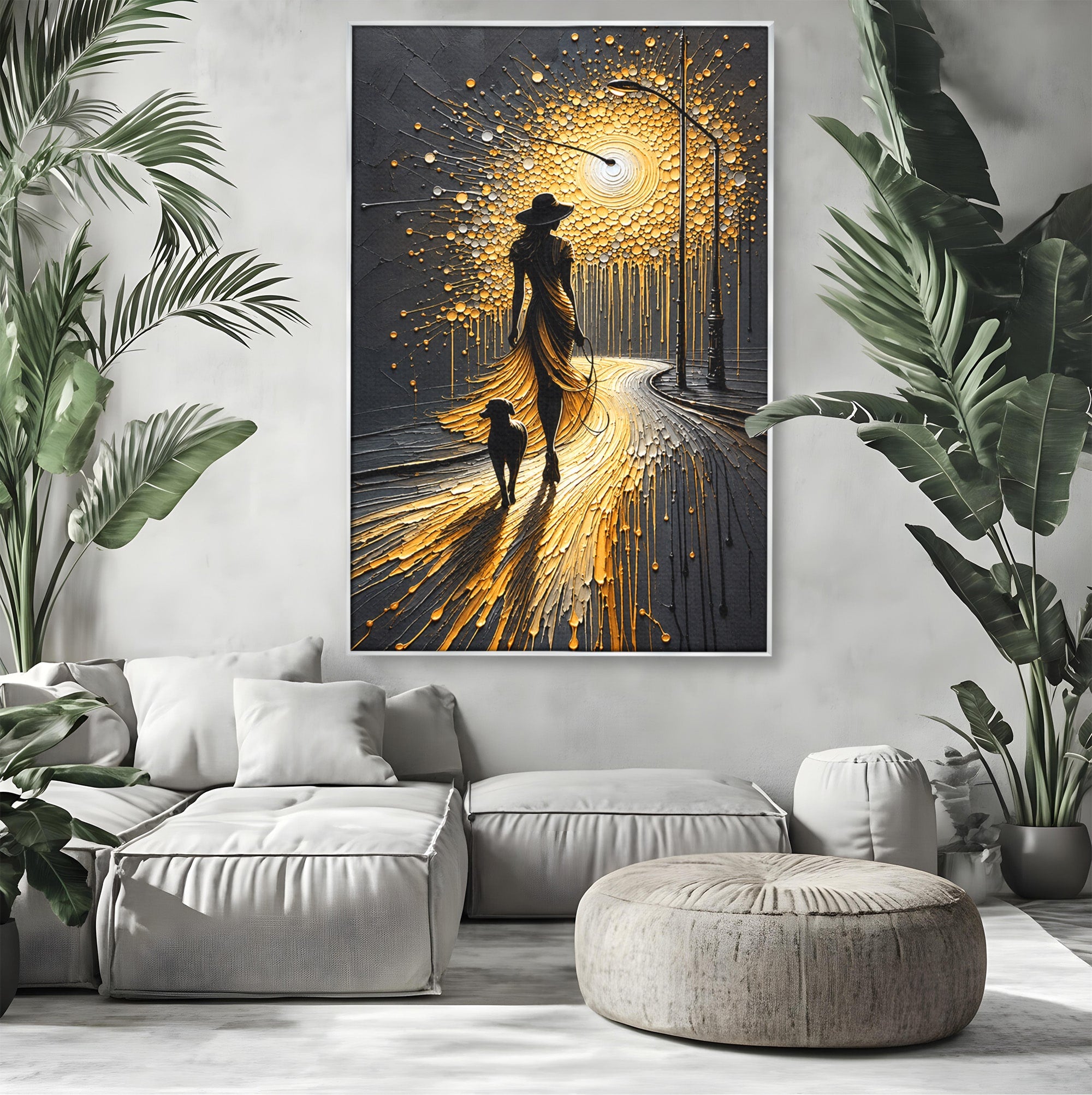 Tablou Canvas Premium LuxCanva® U1223, Plimbare Nocturna, Femeie, Caine, Noapte, Aventura, Strada, Living, Dormitor, Culori Vibrante
