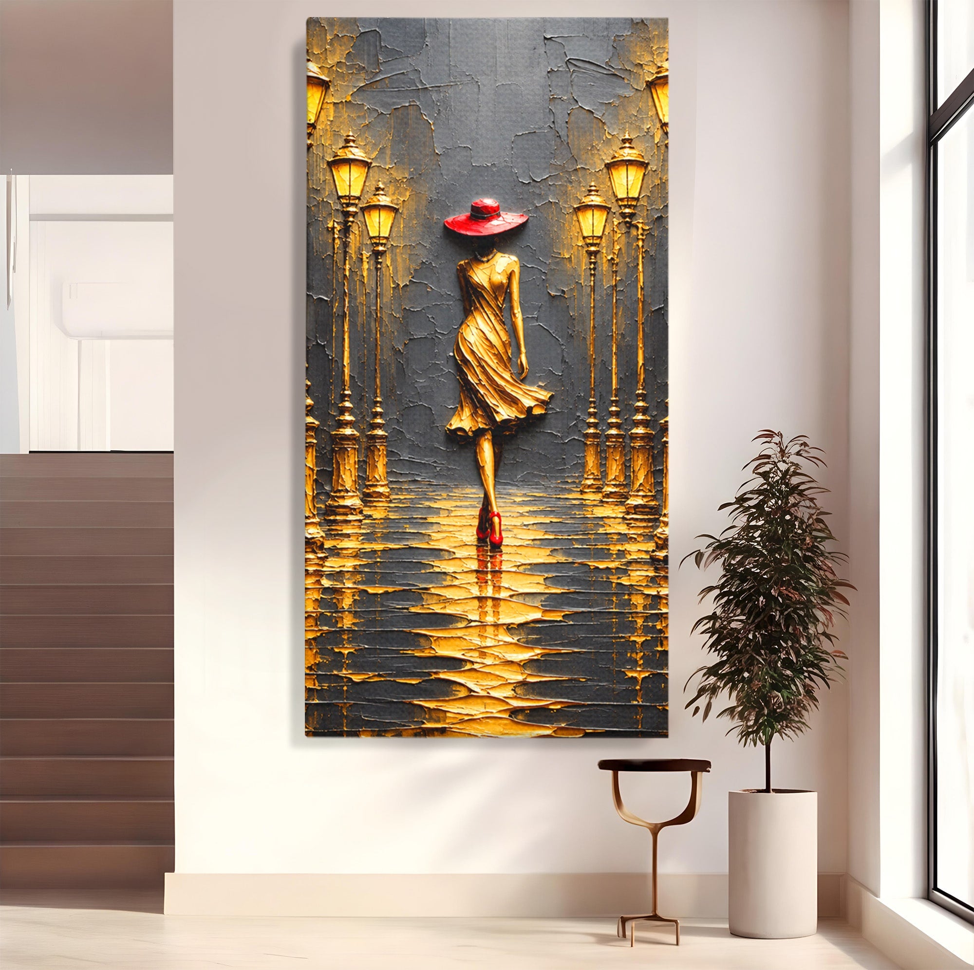 Tablou Canvas Premium LuxCanva® U1224, Femeie Elegantă Pe Stradă, Femeie, Stradă, Artă Urbană, Eleganță, Living, Culori Vibrante