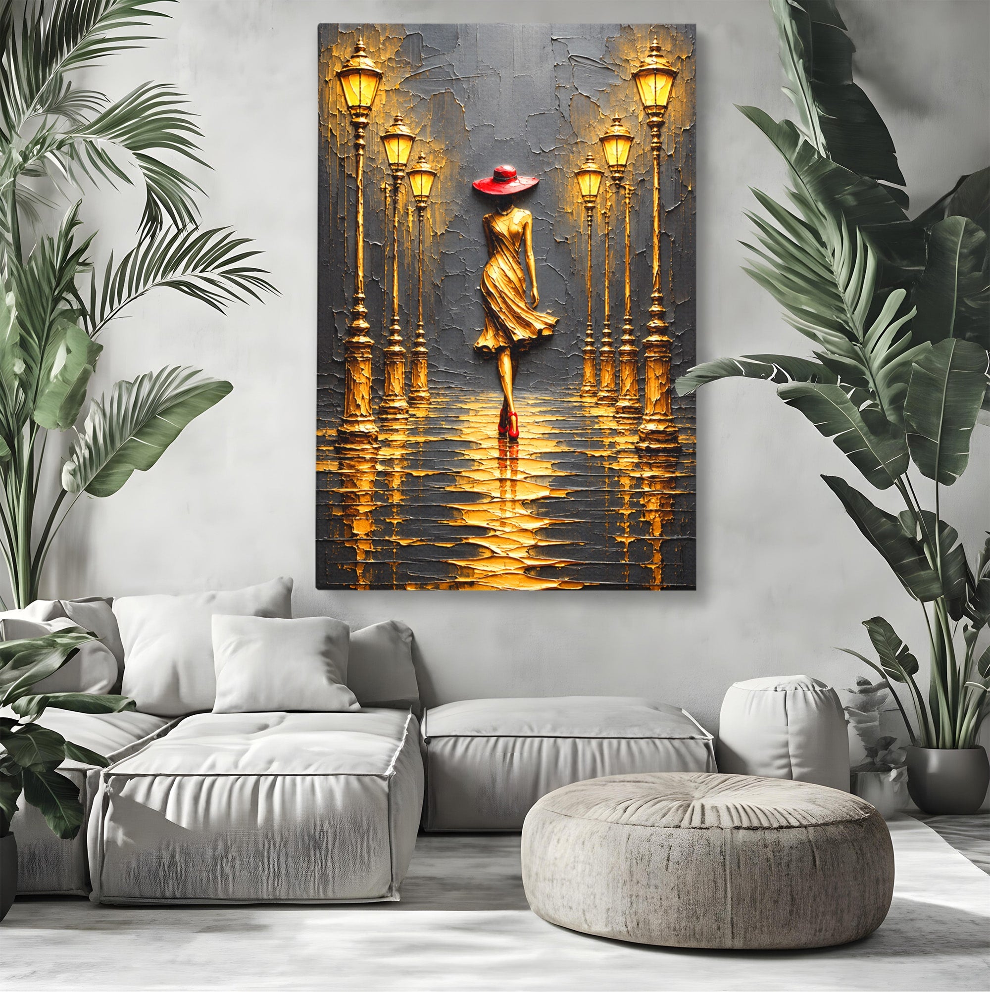 Tablou Canvas Premium LuxCanva® U1224, Femeie Elegantă Pe Stradă, Femeie, Stradă, Artă Urbană, Eleganță, Living, Culori Vibrante