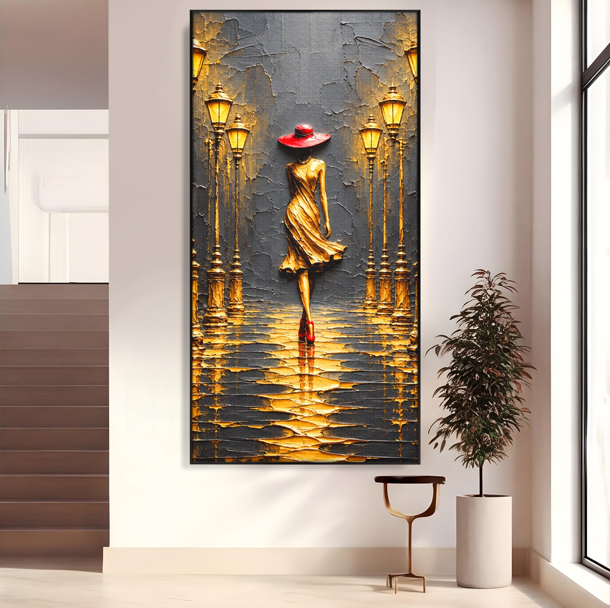 Tablou Canvas Premium LuxCanva® U1224, Femeie Elegantă Pe Stradă, Femeie, Stradă, Artă Urbană, Eleganță, Living, Culori Vibrante
