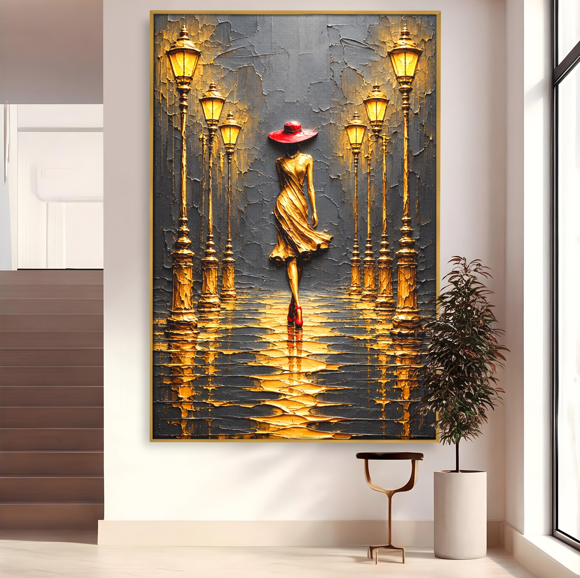 Tablou Canvas Premium LuxCanva® U1224, Femeie Elegantă Pe Stradă, Femeie, Stradă, Artă Urbană, Eleganță, Living, Culori Vibrante