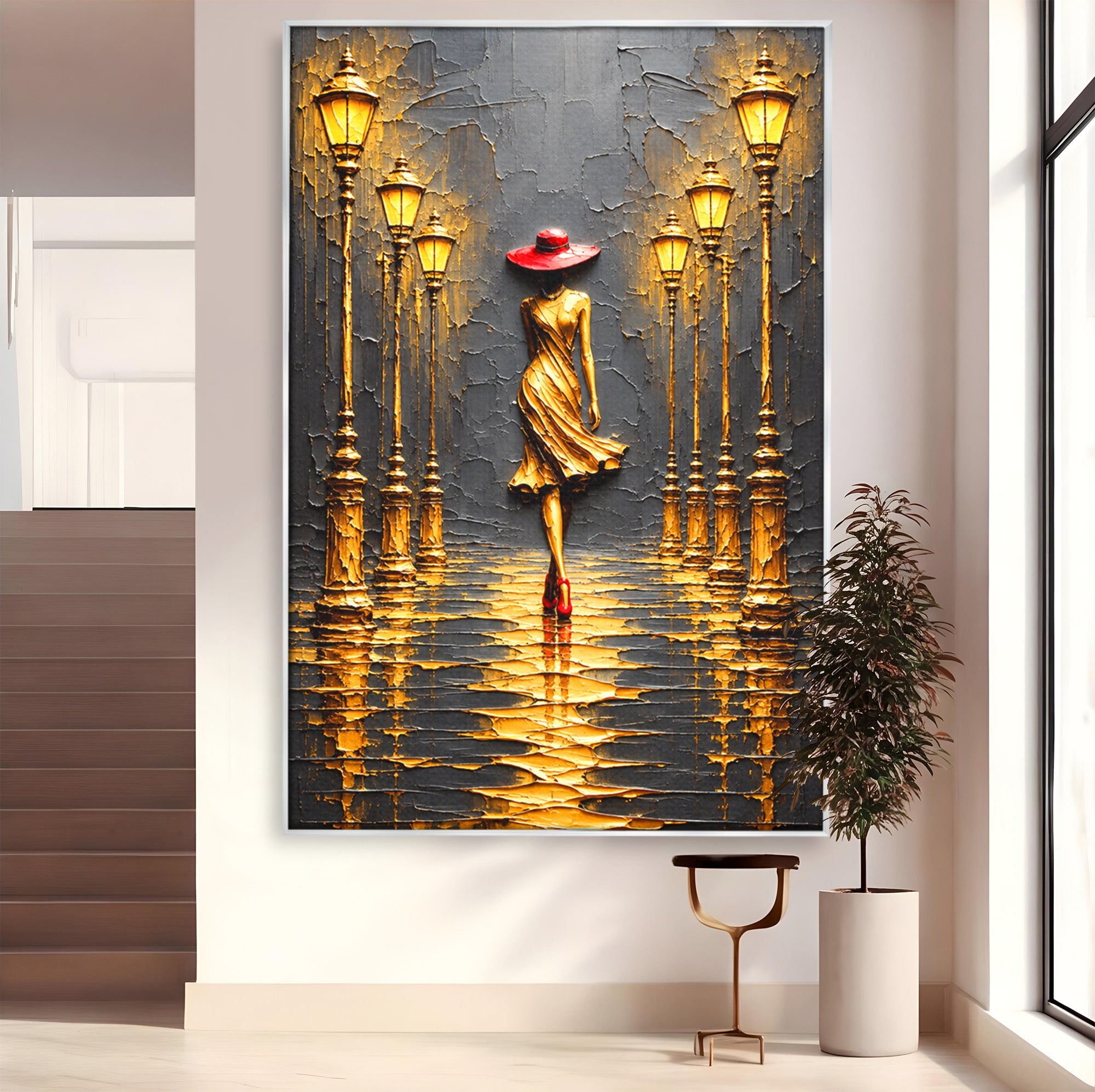 Tablou Canvas Premium LuxCanva® U1224, Femeie Elegantă Pe Stradă, Femeie, Stradă, Artă Urbană, Eleganță, Living, Culori Vibrante