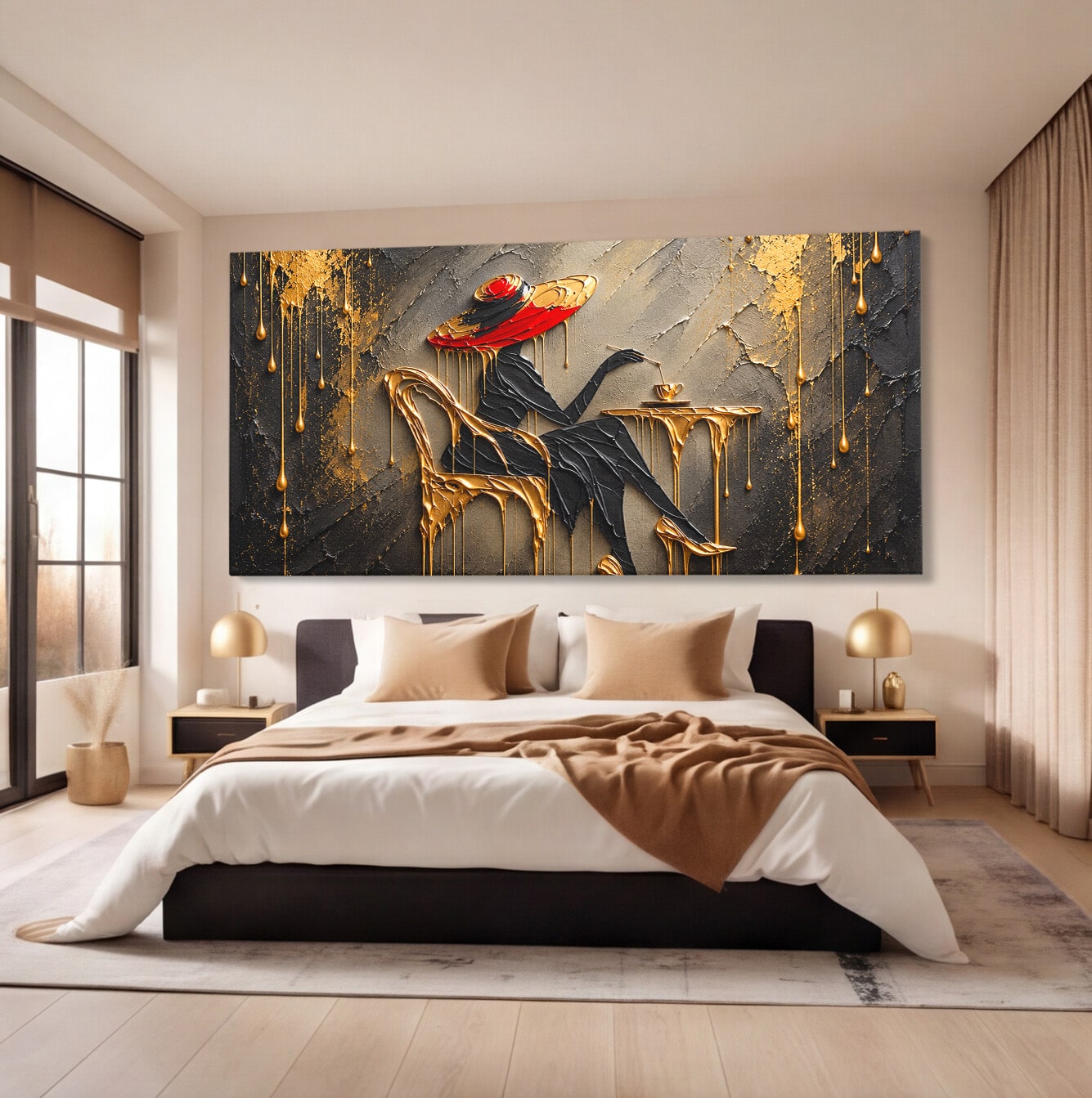 Tablou Canvas Premium LuxCanva® U1226, Doamna Eleganta La Cafenea, Doamna, Cafenea, Eleganta, Contemporan, Living, Culori Vibrante