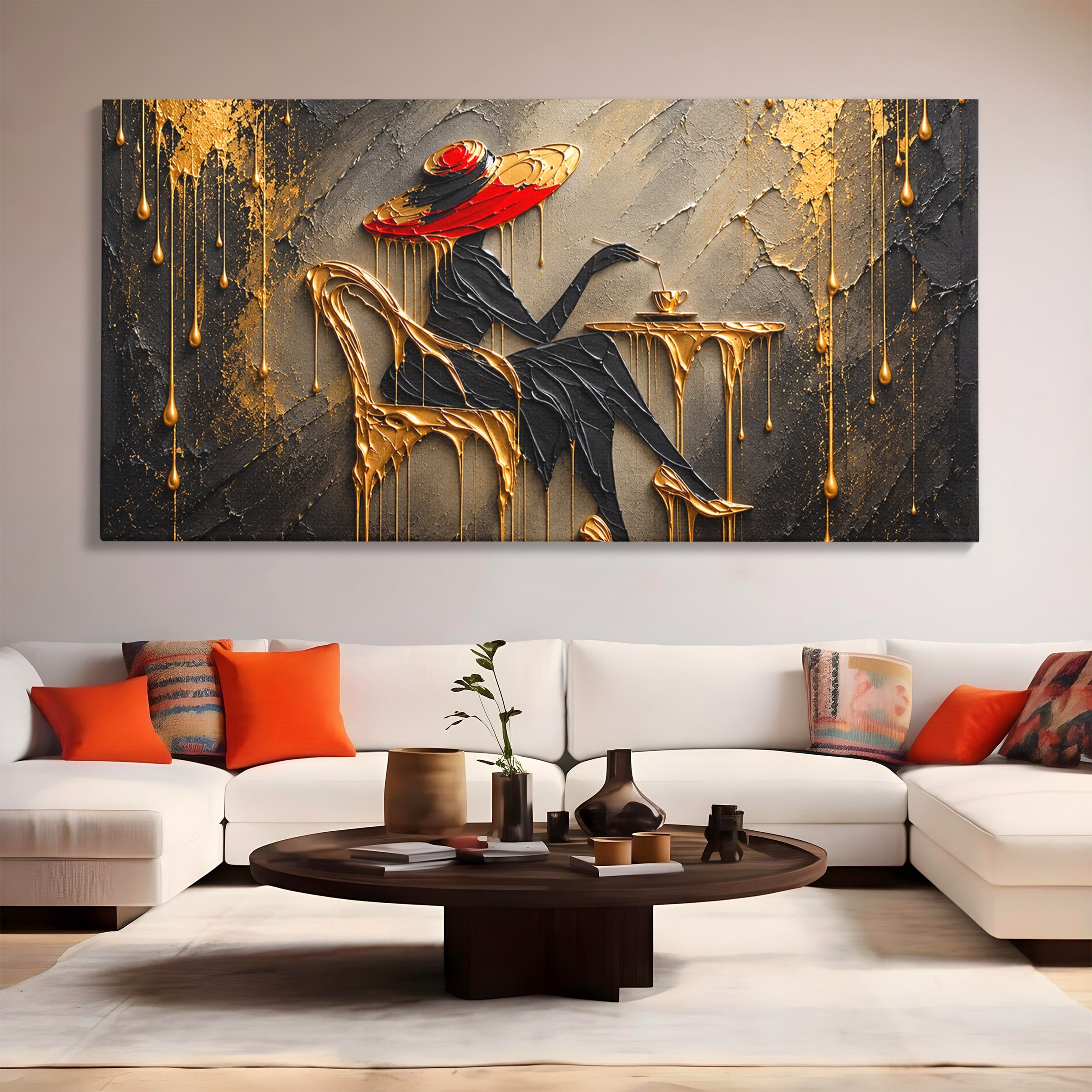 Tablou Canvas Premium LuxCanva® U1226, Doamna Eleganta La Cafenea, Doamna, Cafenea, Eleganta, Contemporan, Living, Culori Vibrante