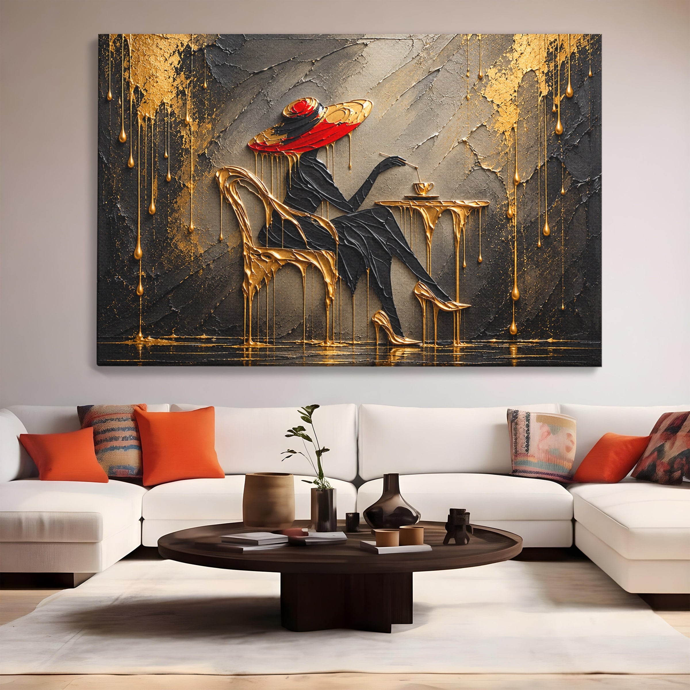Tablou Canvas Premium LuxCanva® U1226, Doamna Eleganta La Cafenea, Doamna, Cafenea, Eleganta, Contemporan, Living, Culori Vibrante