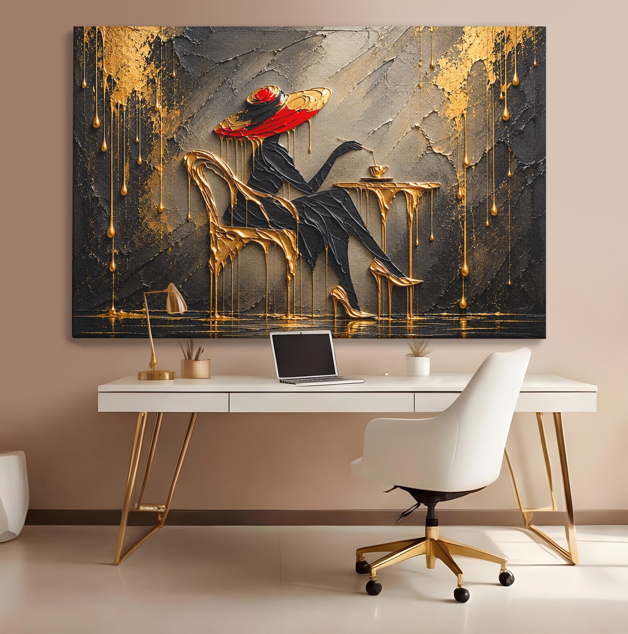 Tablou Canvas Premium LuxCanva® U1226, Doamna Eleganta La Cafenea, Doamna, Cafenea, Eleganta, Contemporan, Living, Culori Vibrante