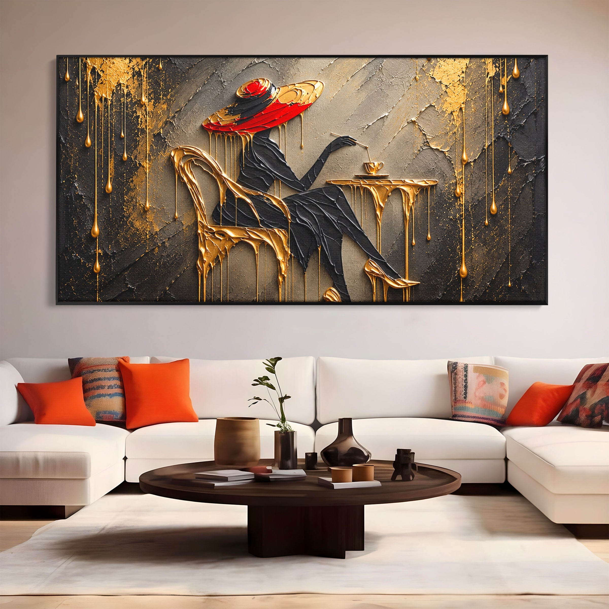 Tablou Canvas Premium LuxCanva® U1226, Doamna Eleganta La Cafenea, Doamna, Cafenea, Eleganta, Contemporan, Living, Culori Vibrante