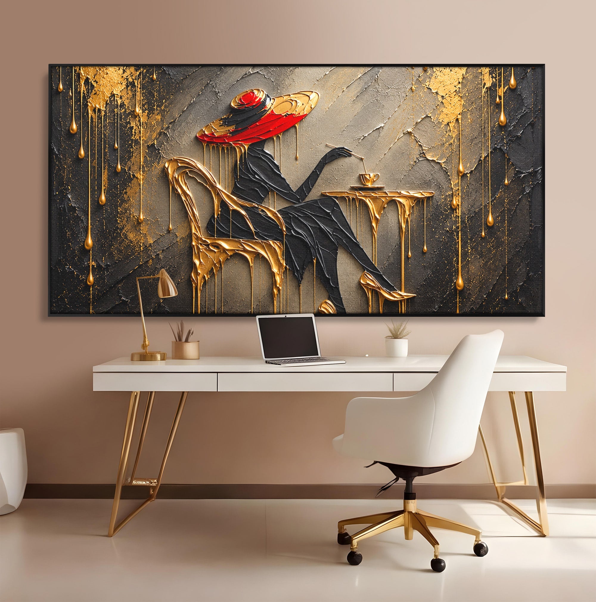 Tablou Canvas Premium LuxCanva® U1226, Doamna Eleganta La Cafenea, Doamna, Cafenea, Eleganta, Contemporan, Living, Culori Vibrante