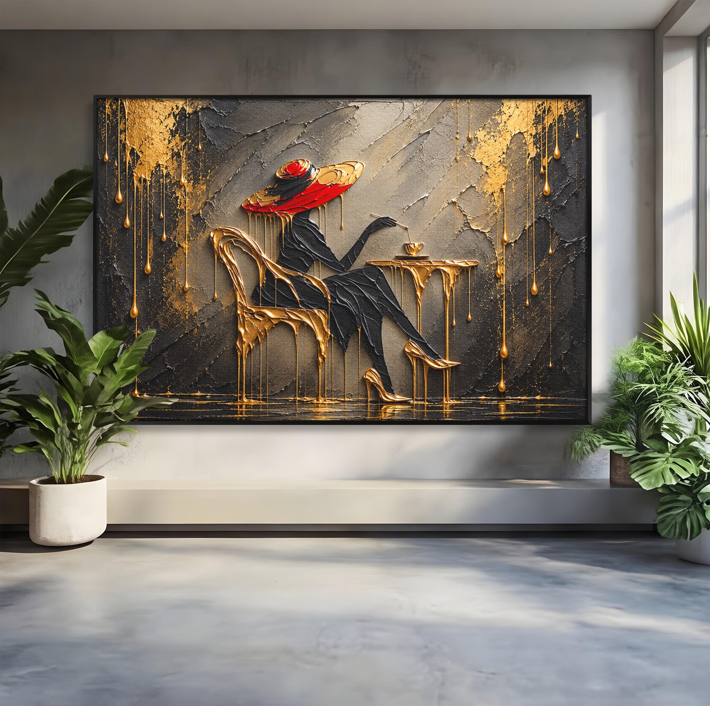 Tablou Canvas Premium LuxCanva® U1226, Doamna Eleganta La Cafenea, Doamna, Cafenea, Eleganta, Contemporan, Living, Culori Vibrante