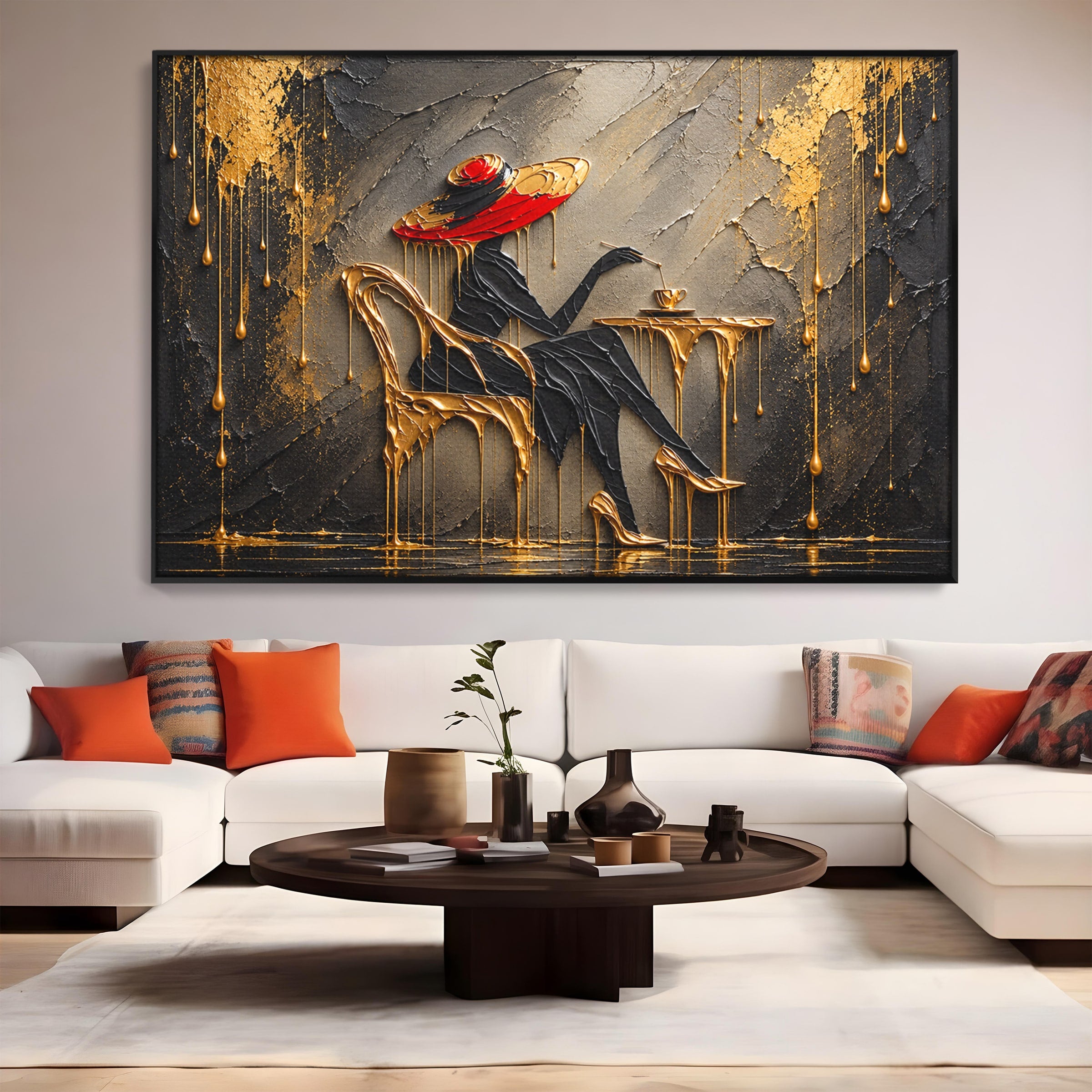 Tablou Canvas Premium LuxCanva® U1226, Doamna Eleganta La Cafenea, Doamna, Cafenea, Eleganta, Contemporan, Living, Culori Vibrante