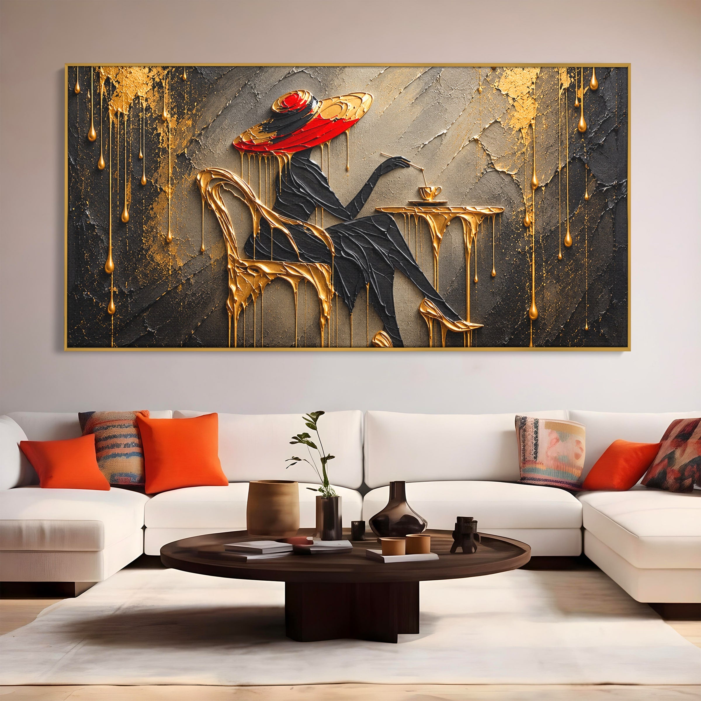 Tablou Canvas Premium LuxCanva® U1226, Doamna Eleganta La Cafenea, Doamna, Cafenea, Eleganta, Contemporan, Living, Culori Vibrante