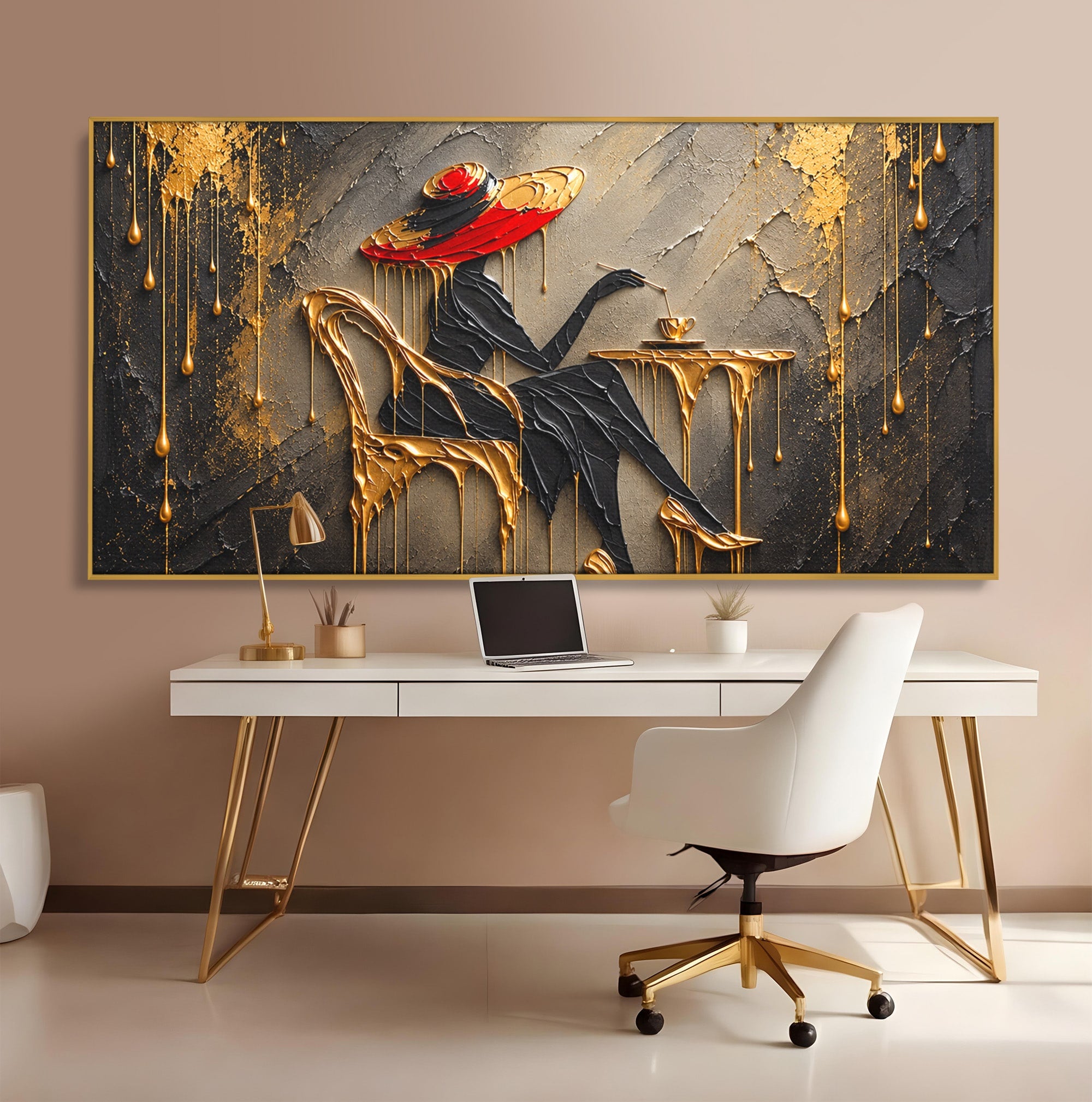 Tablou Canvas Premium LuxCanva® U1226, Doamna Eleganta La Cafenea, Doamna, Cafenea, Eleganta, Contemporan, Living, Culori Vibrante