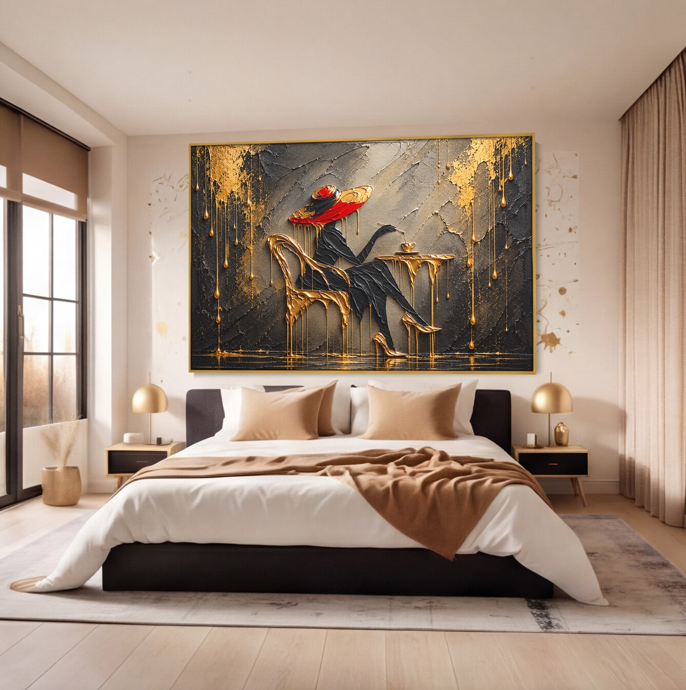 Tablou Canvas Premium LuxCanva® U1226, Doamna Eleganta La Cafenea, Doamna, Cafenea, Eleganta, Contemporan, Living, Culori Vibrante