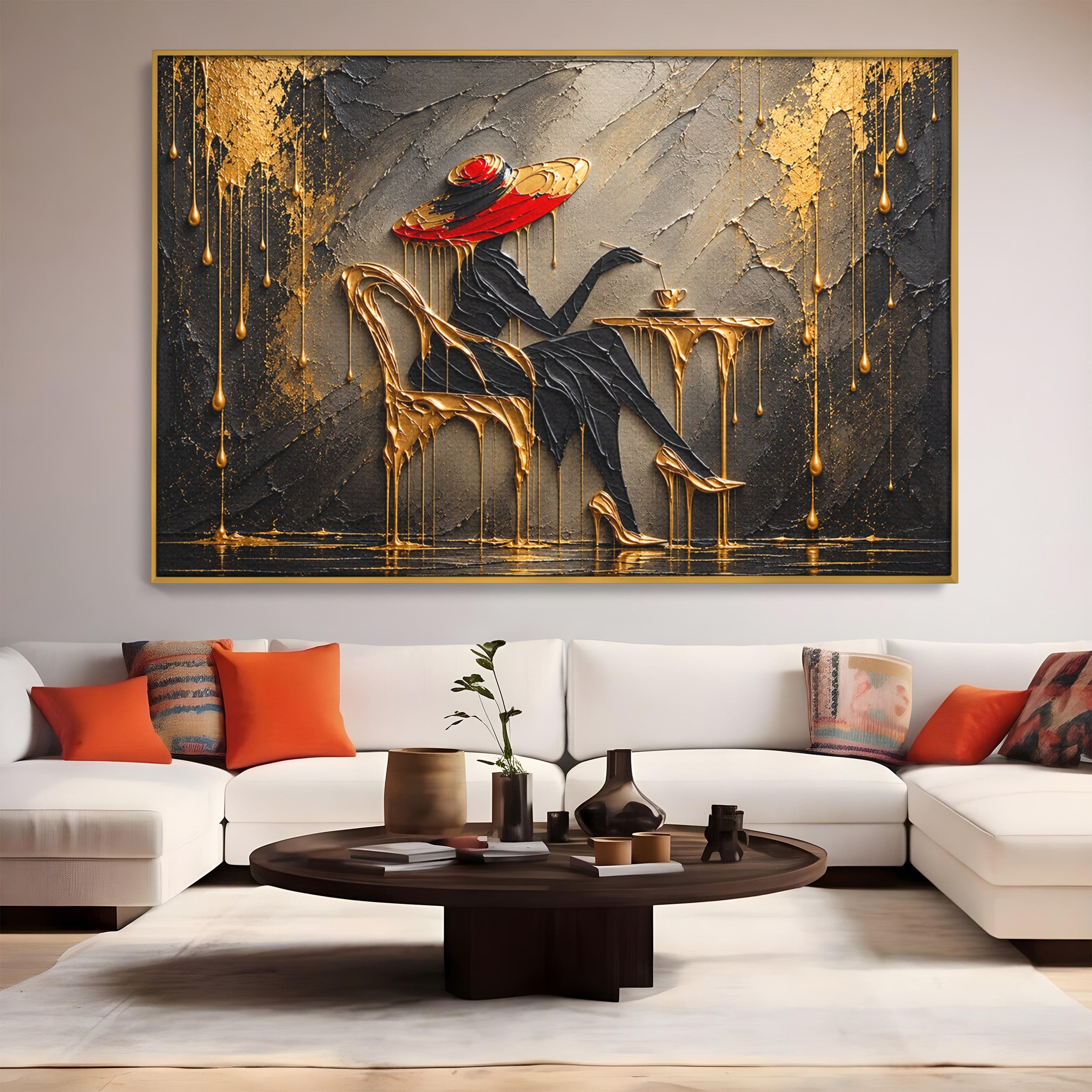 Tablou Canvas Premium LuxCanva® U1226, Doamna Eleganta La Cafenea, Doamna, Cafenea, Eleganta, Contemporan, Living, Culori Vibrante