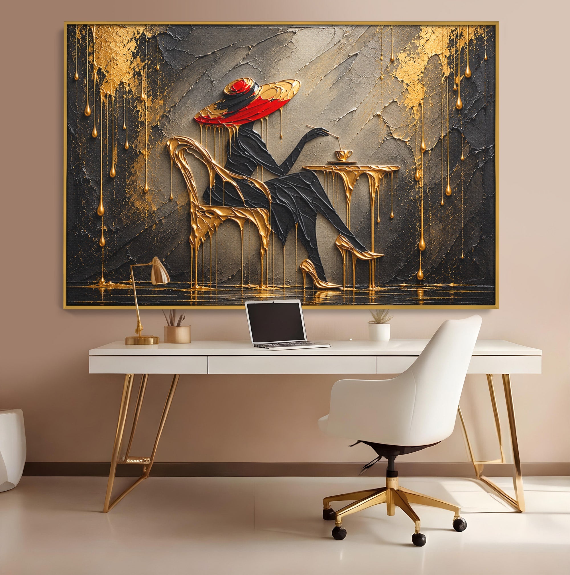 Tablou Canvas Premium LuxCanva® U1226, Doamna Eleganta La Cafenea, Doamna, Cafenea, Eleganta, Contemporan, Living, Culori Vibrante