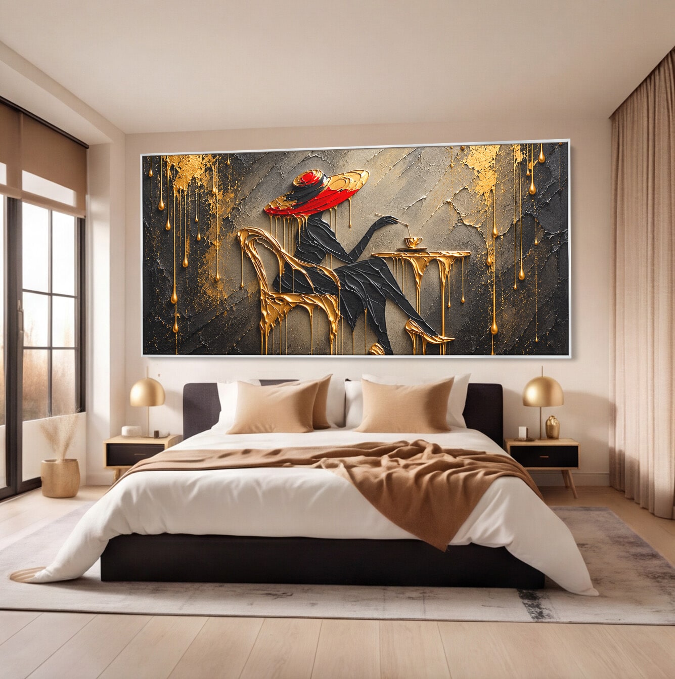 Tablou Canvas Premium LuxCanva® U1226, Doamna Eleganta La Cafenea, Doamna, Cafenea, Eleganta, Contemporan, Living, Culori Vibrante